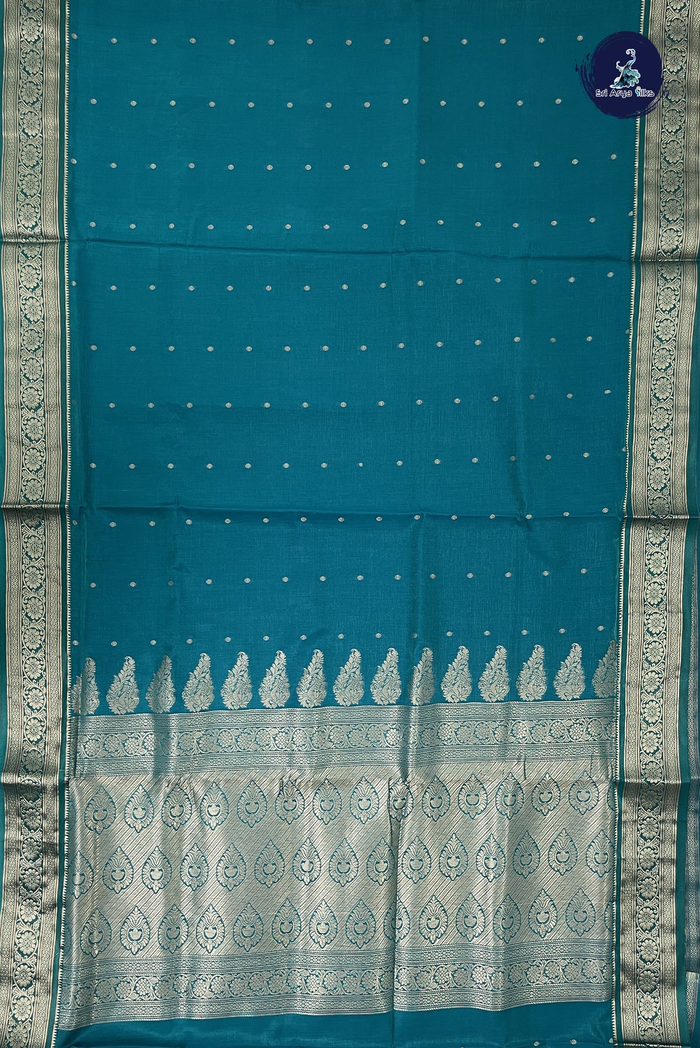 Sapphire Green 9 Yards Semi Silk With Zari Buttas Pattern