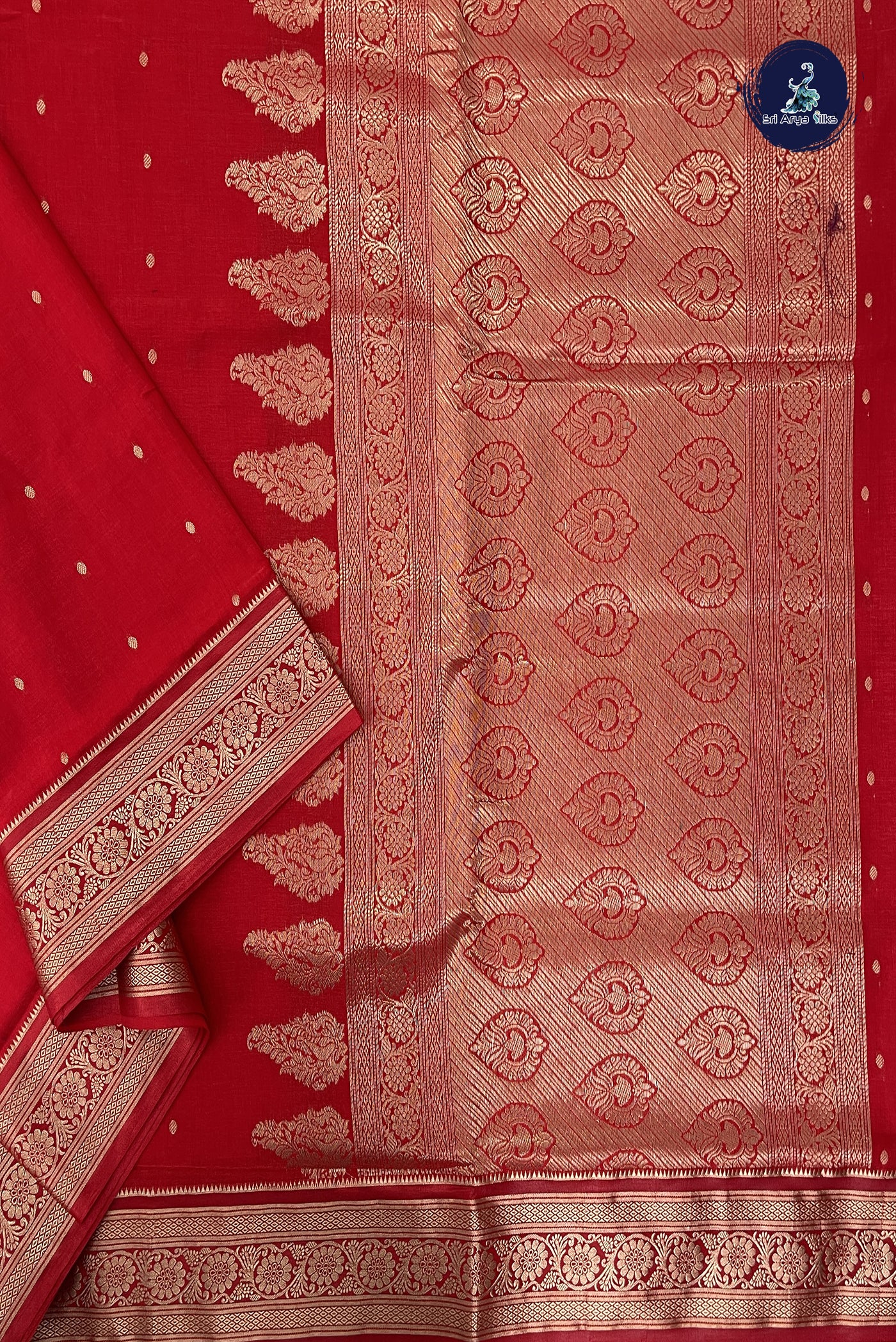 Red 9 Yards Semi Silk With Zari Buttas Pattern