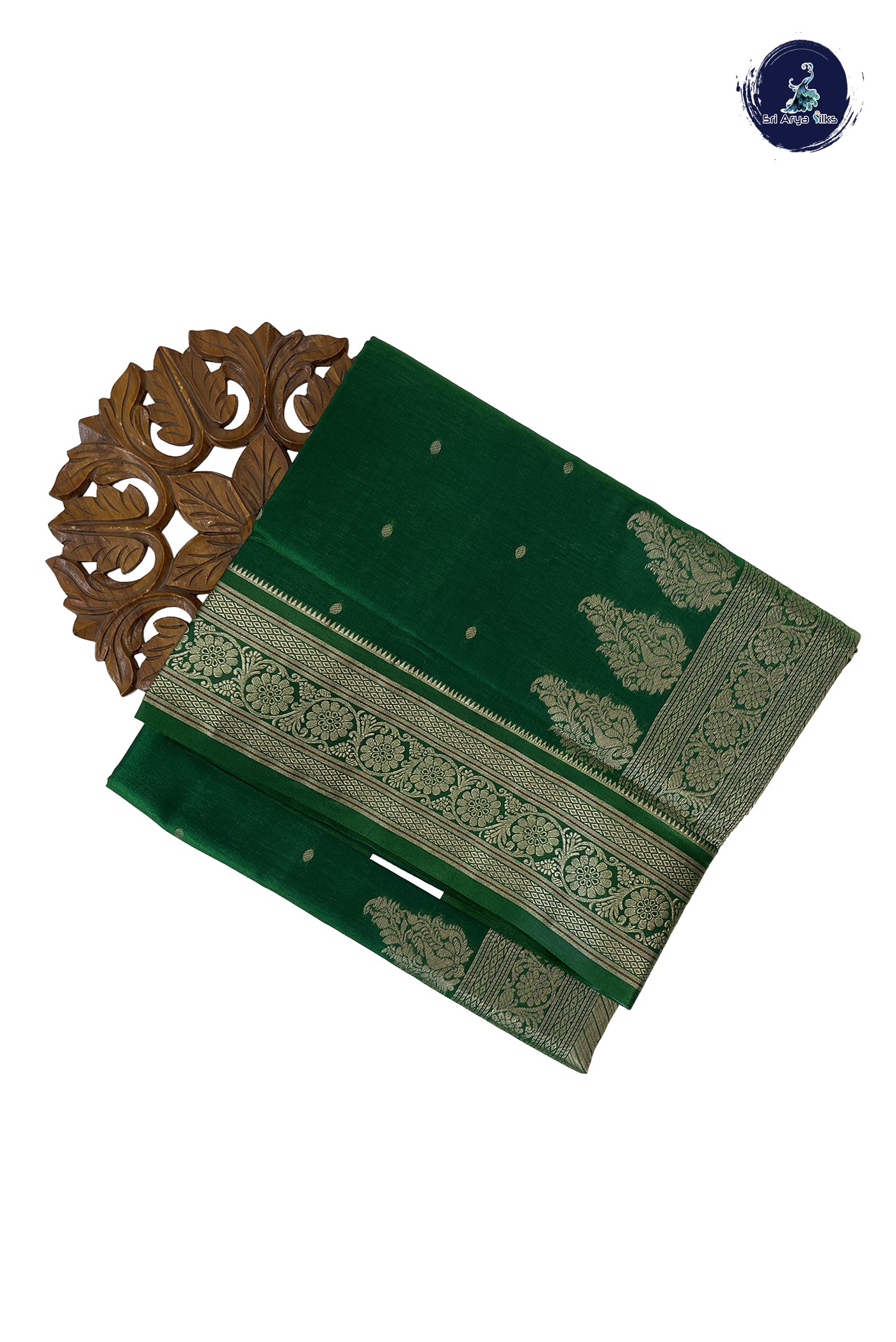 Bottle Green 9 Yards Semi Silk With Zari Buttas Pattern