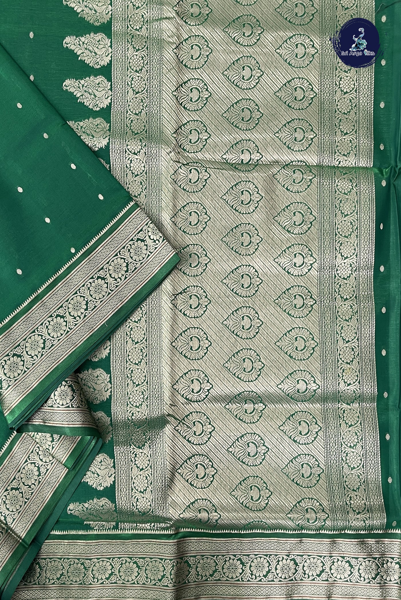 Bottle Green 9 Yards Semi Silk With Zari Buttas Pattern