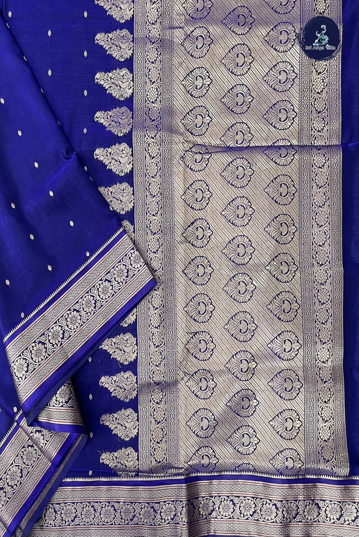 Dark Blue 9 Yards Semi Silk With Zari Buttas Pattern