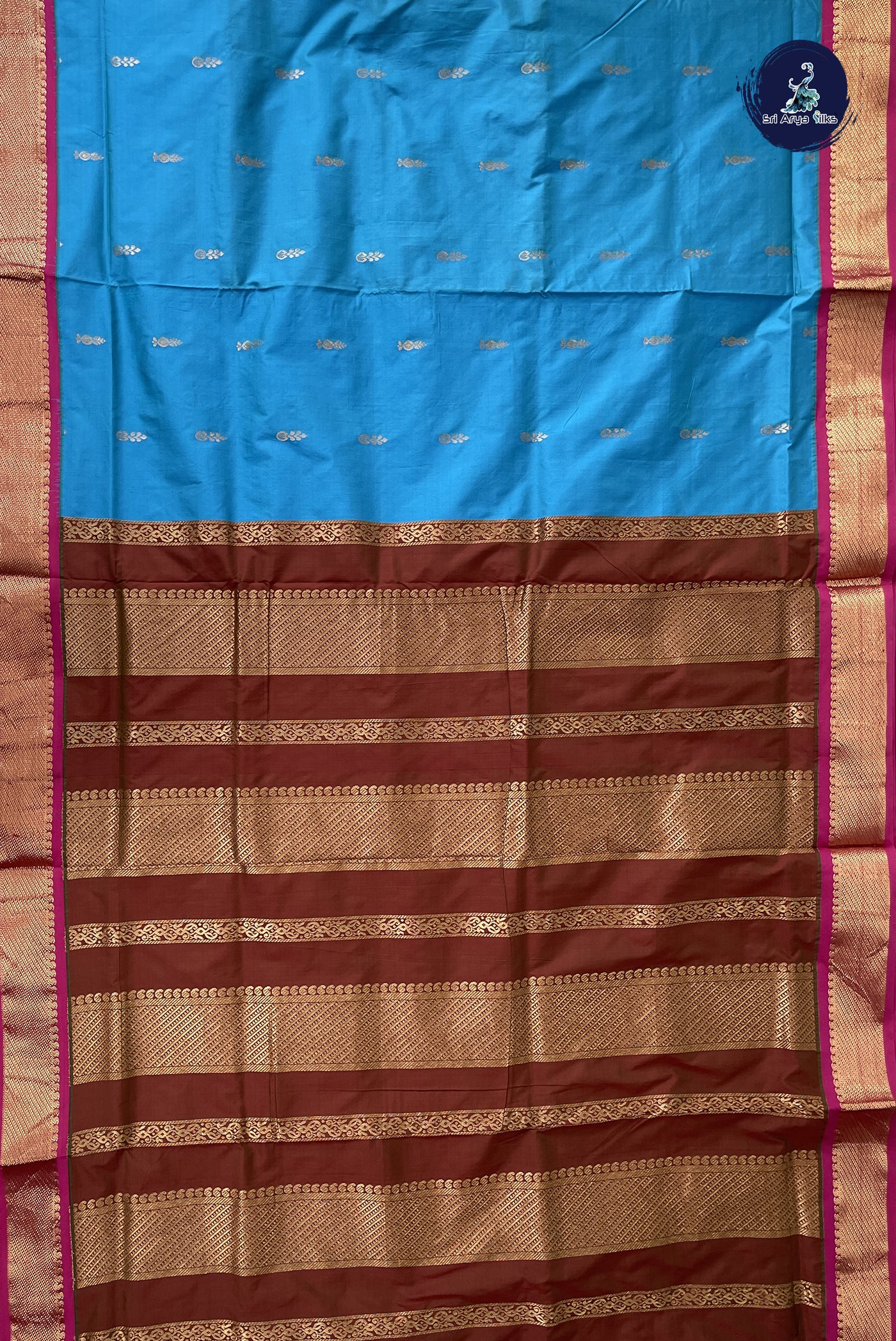 Copper Sulphate Blue 10 Yards Semi Silk With Zari Buttas Pattern