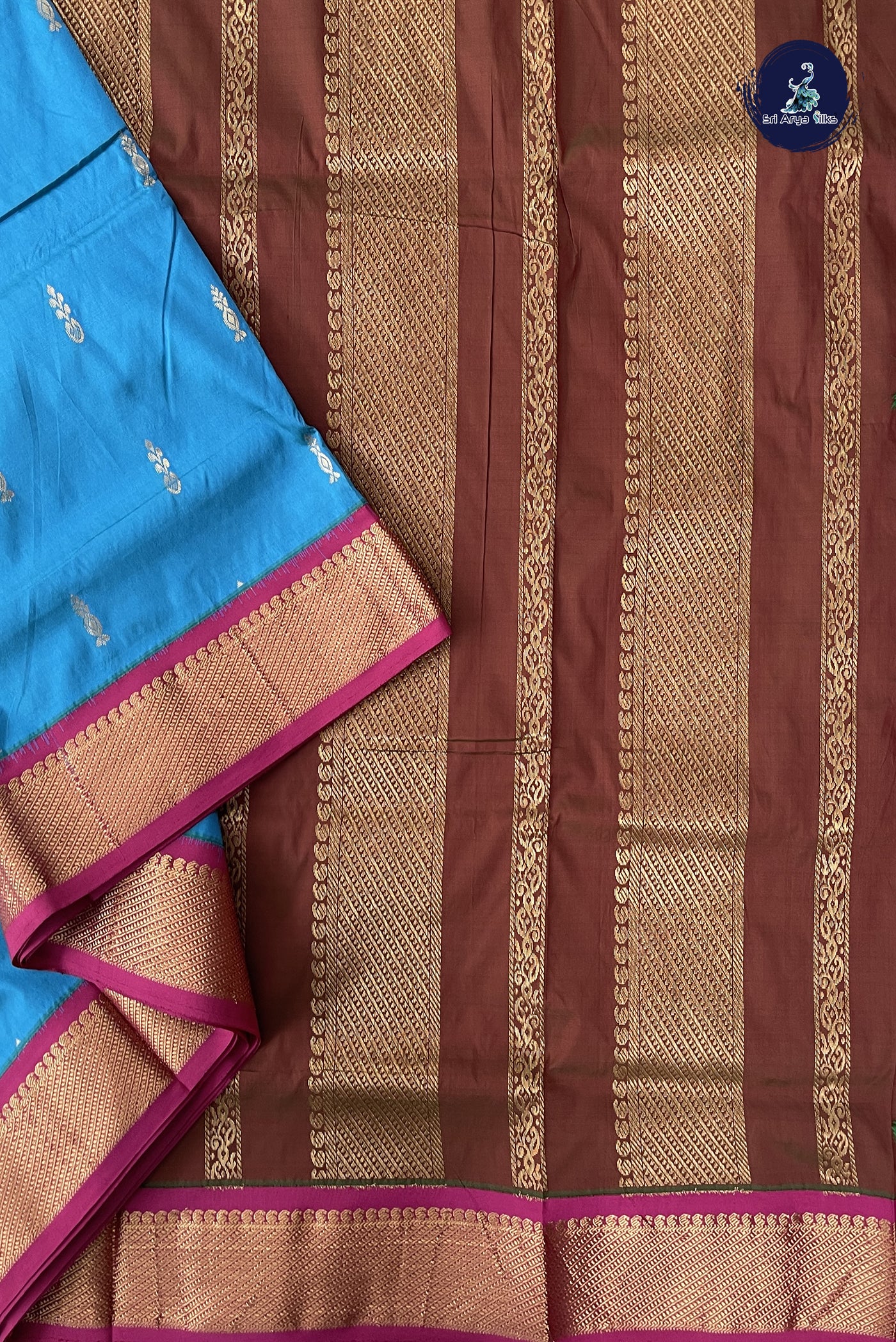 Copper Sulphate Blue 10 Yards Semi Silk With Zari Buttas Pattern