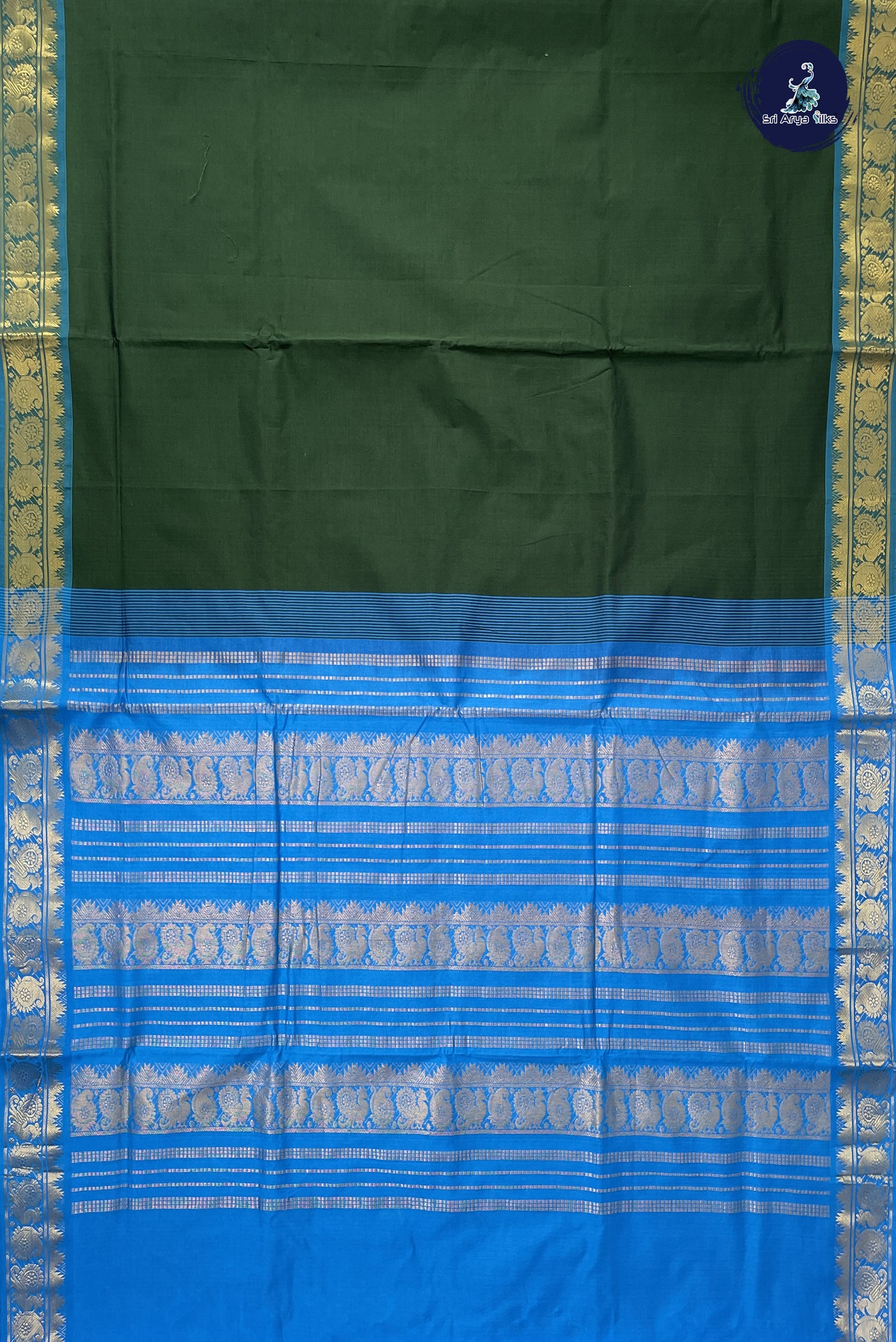 Dark Green Madisar Semi Silk Cotton Saree With Plain Pattern