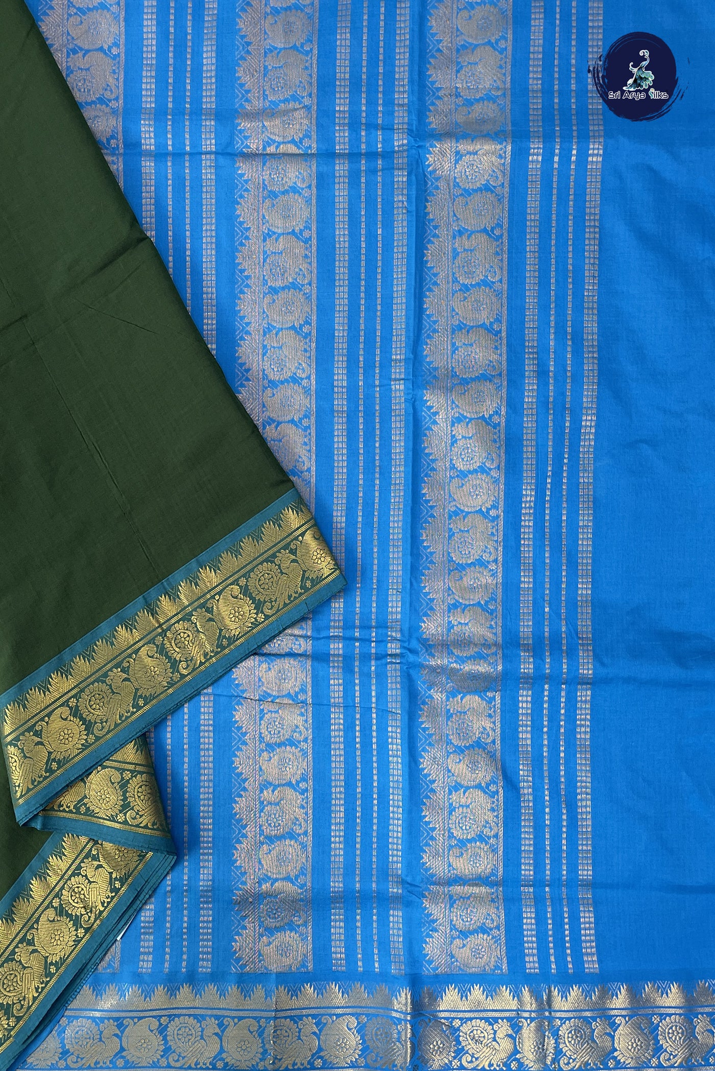 Dark Green Madisar Semi Silk Cotton Saree With Plain Pattern