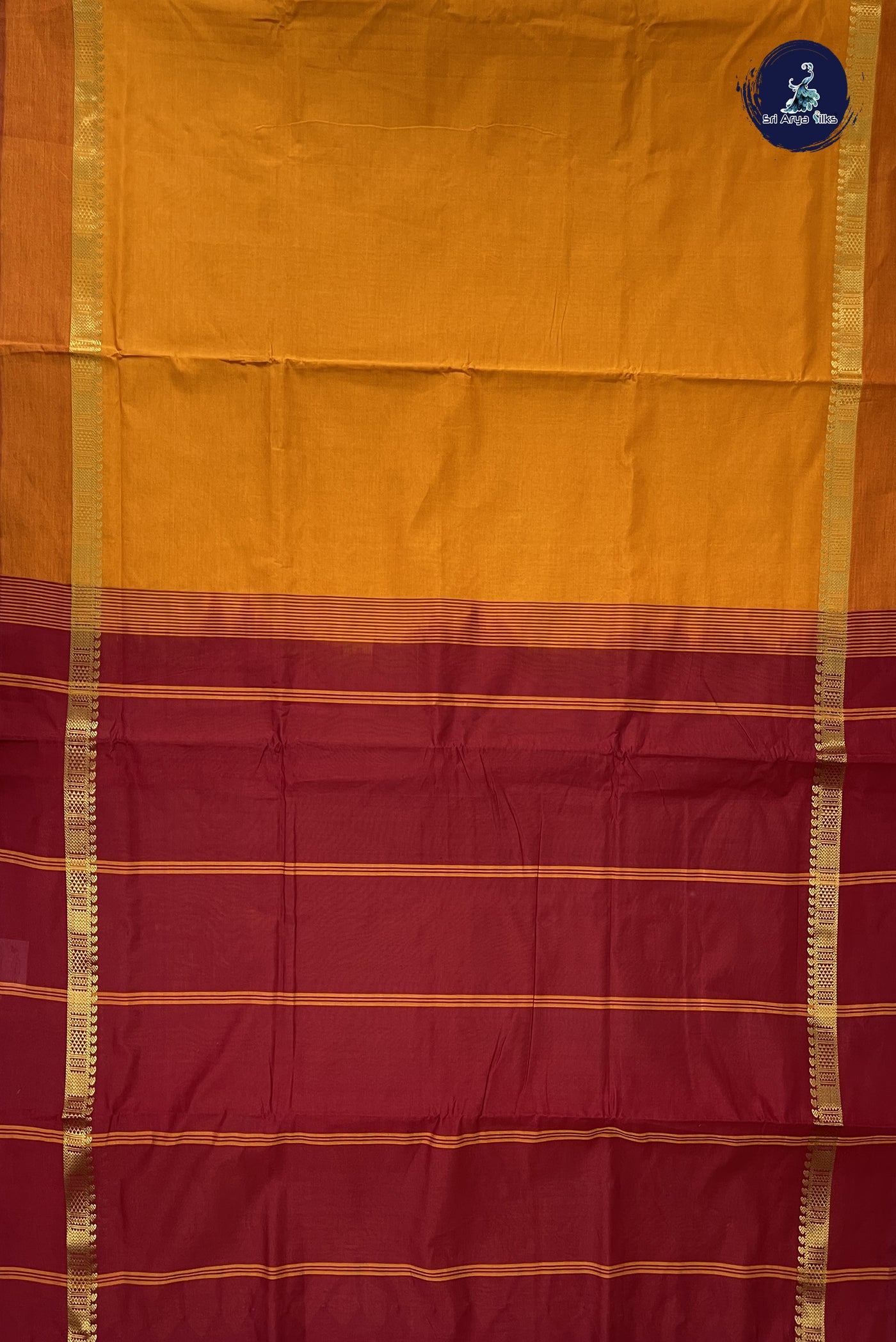 Mustard Yellow Madisar Semi Silk Cotton Saree With Plain Pattern