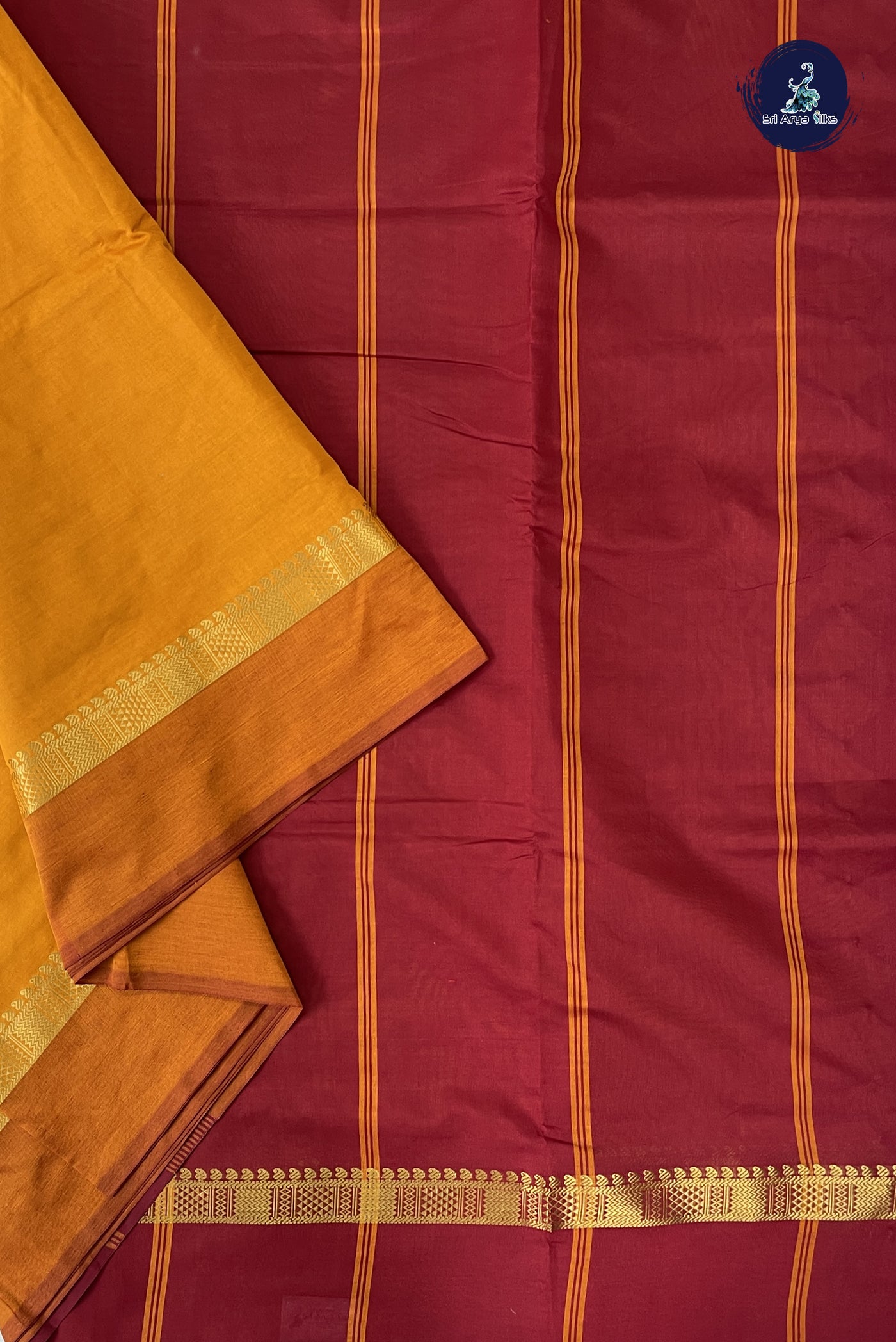 Mustard Yellow Madisar Semi Silk Cotton Saree With Plain Pattern