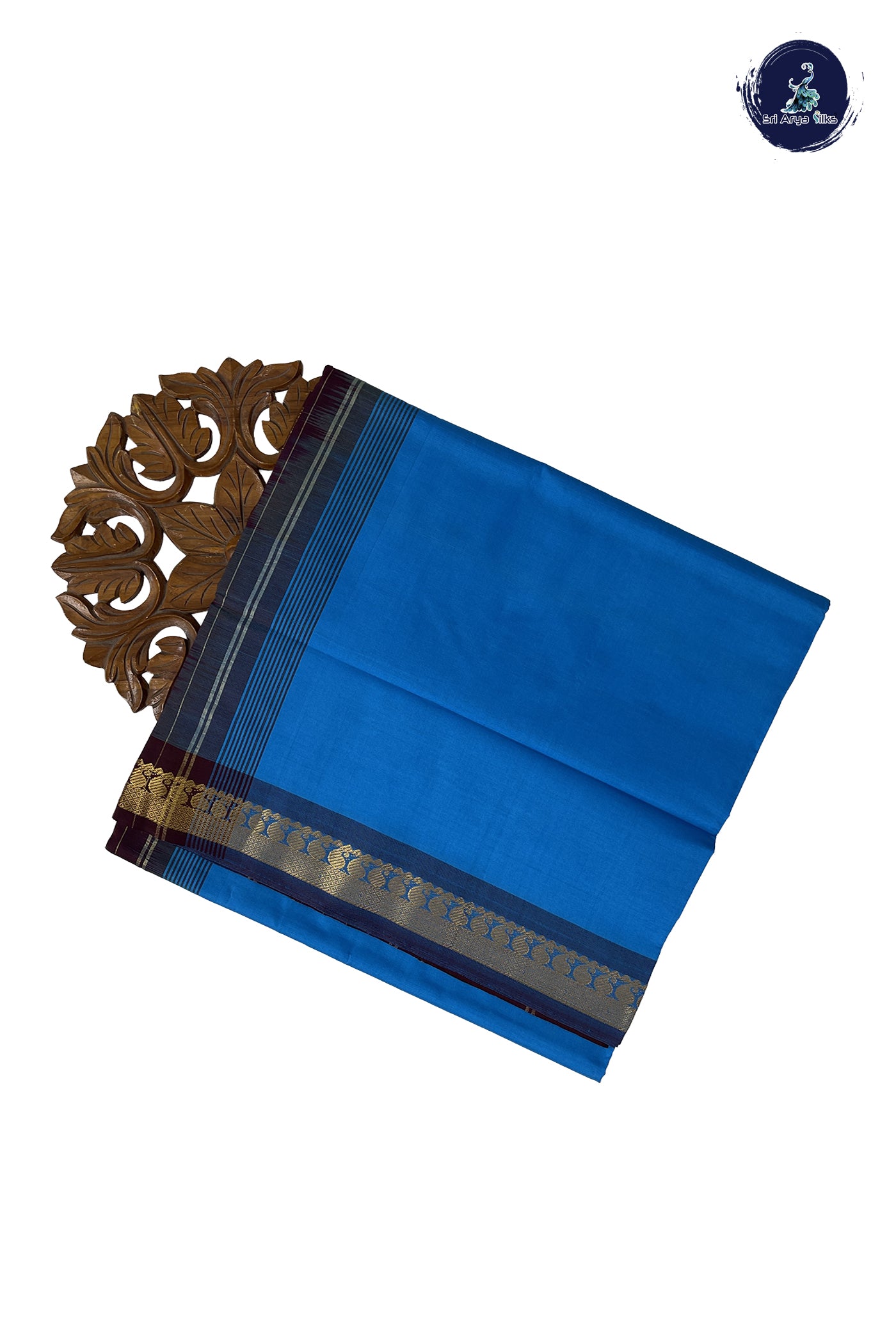 Copper Sulphate Blue Madisar Semi Silk Cotton Saree With Plain Pattern