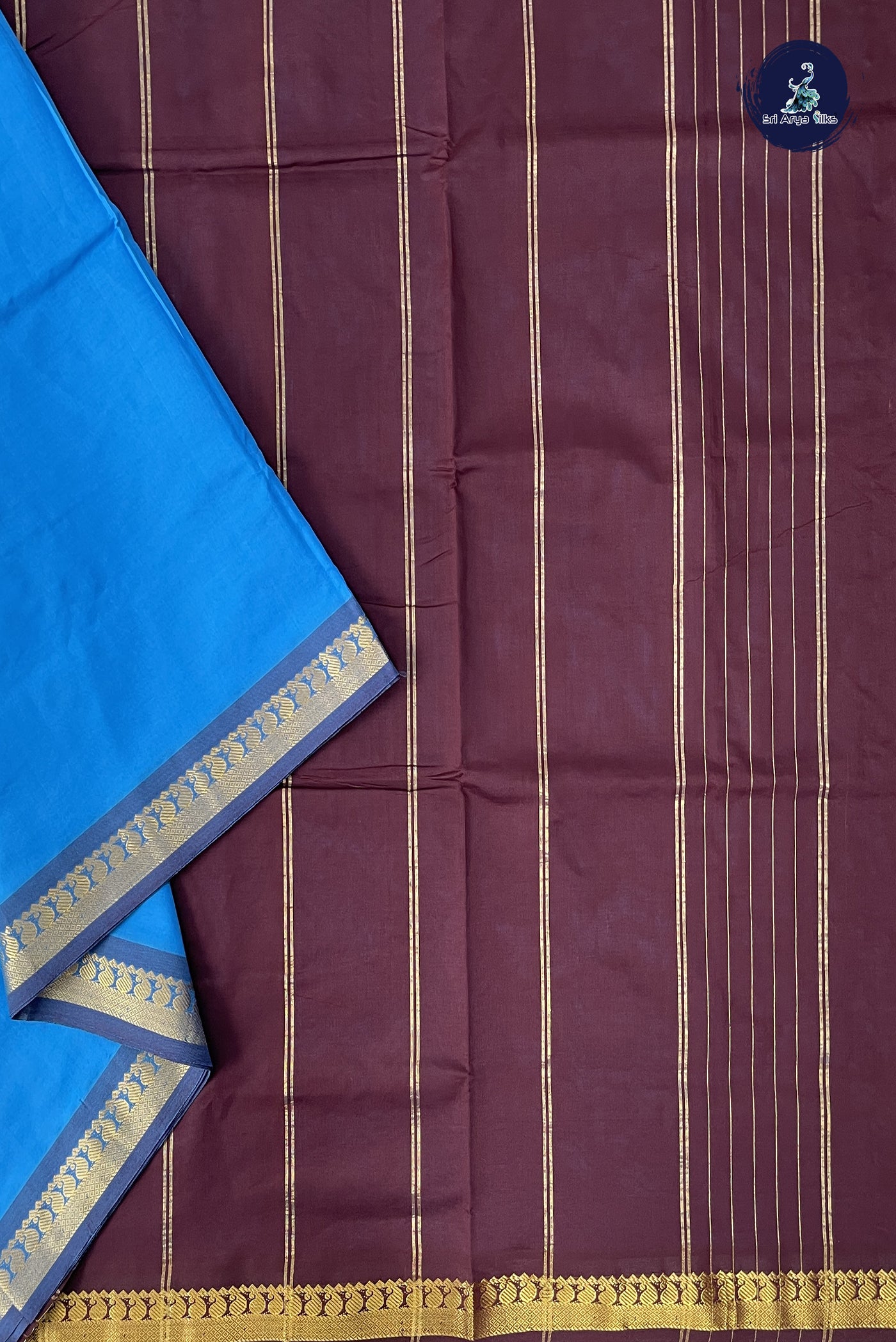 Copper Sulphate Blue Madisar Semi Silk Cotton Saree With Plain Pattern
