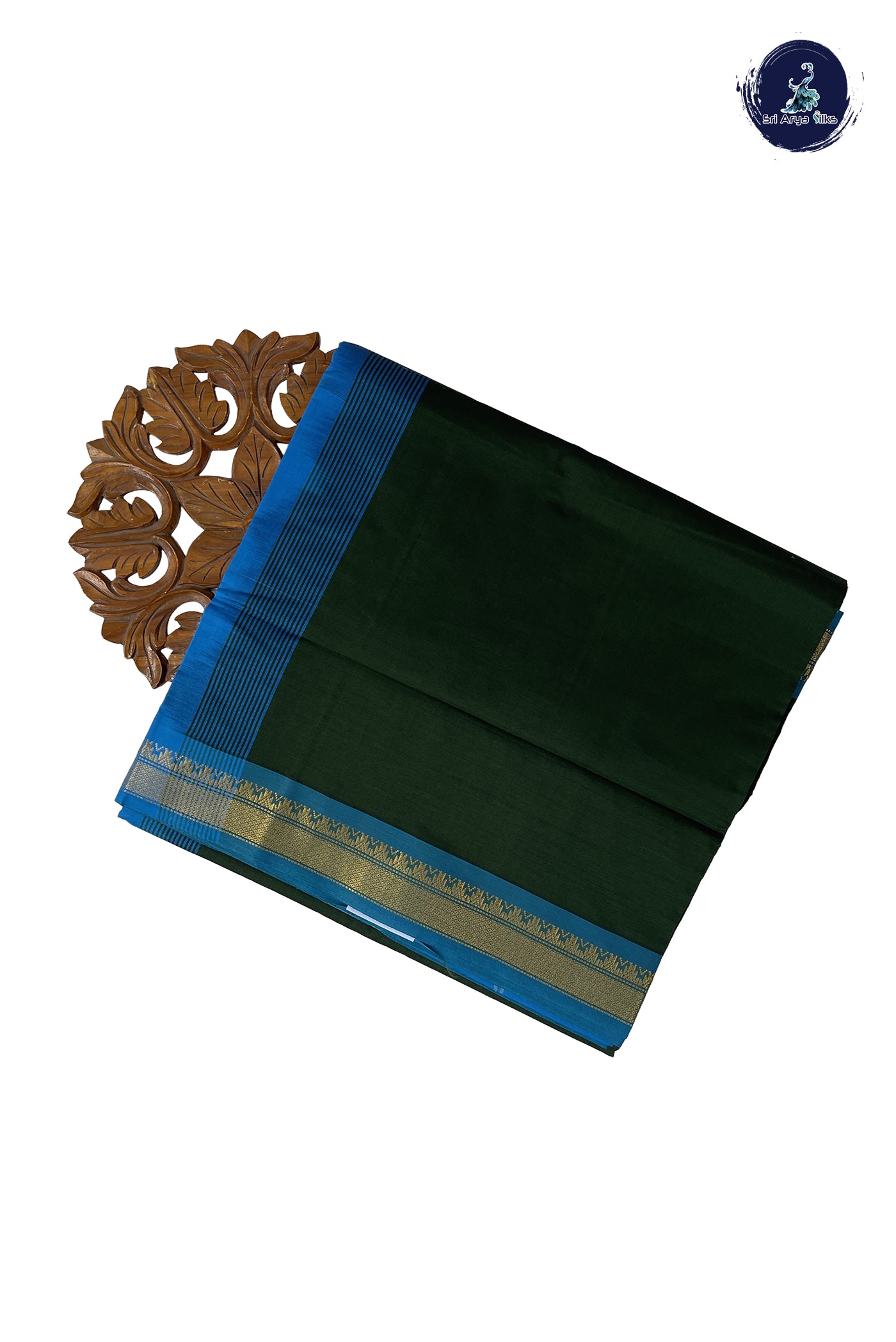 Dark Green Madisar Semi Silk Cotton Saree With Plain Pattern