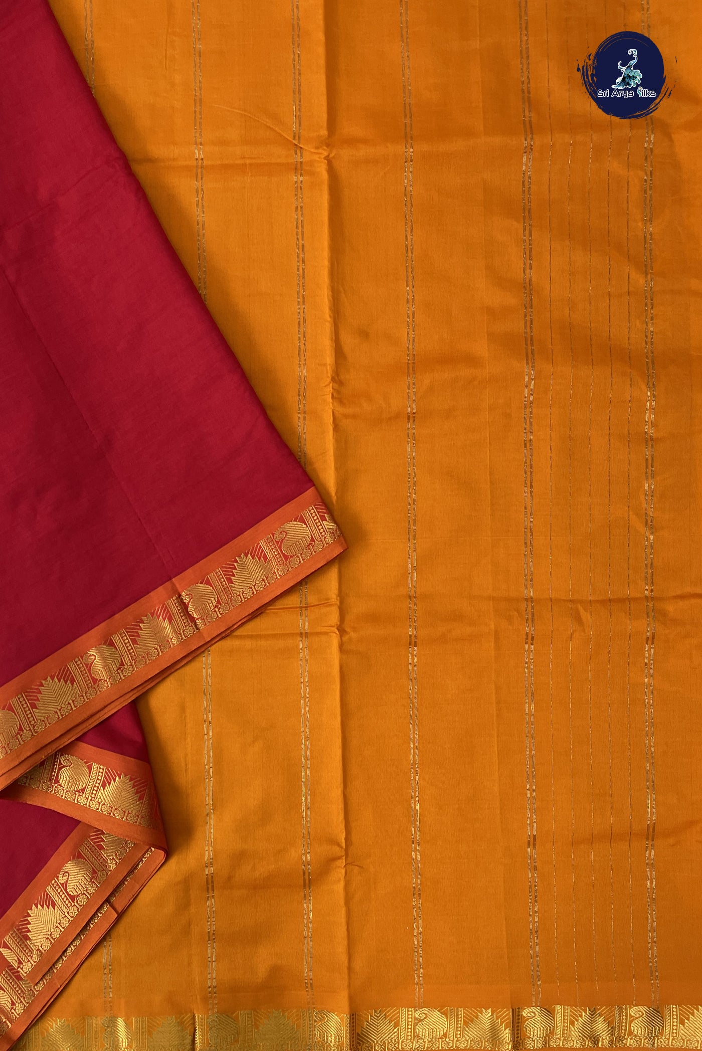 Red Madisar Semi Silk Cotton Saree With Plain Pattern