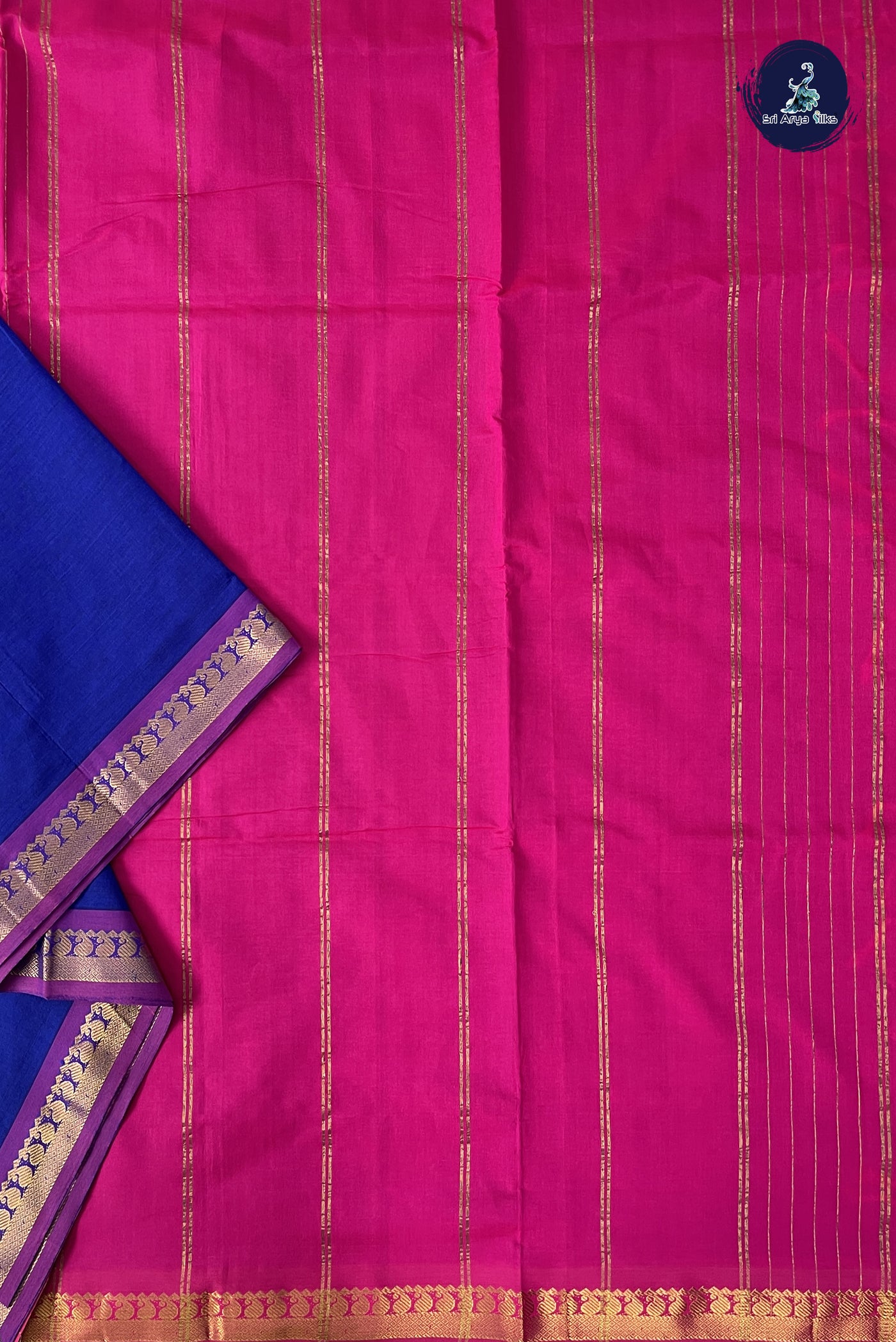 Dark Blue Madisar Semi Silk Cotton Saree With Plain Pattern