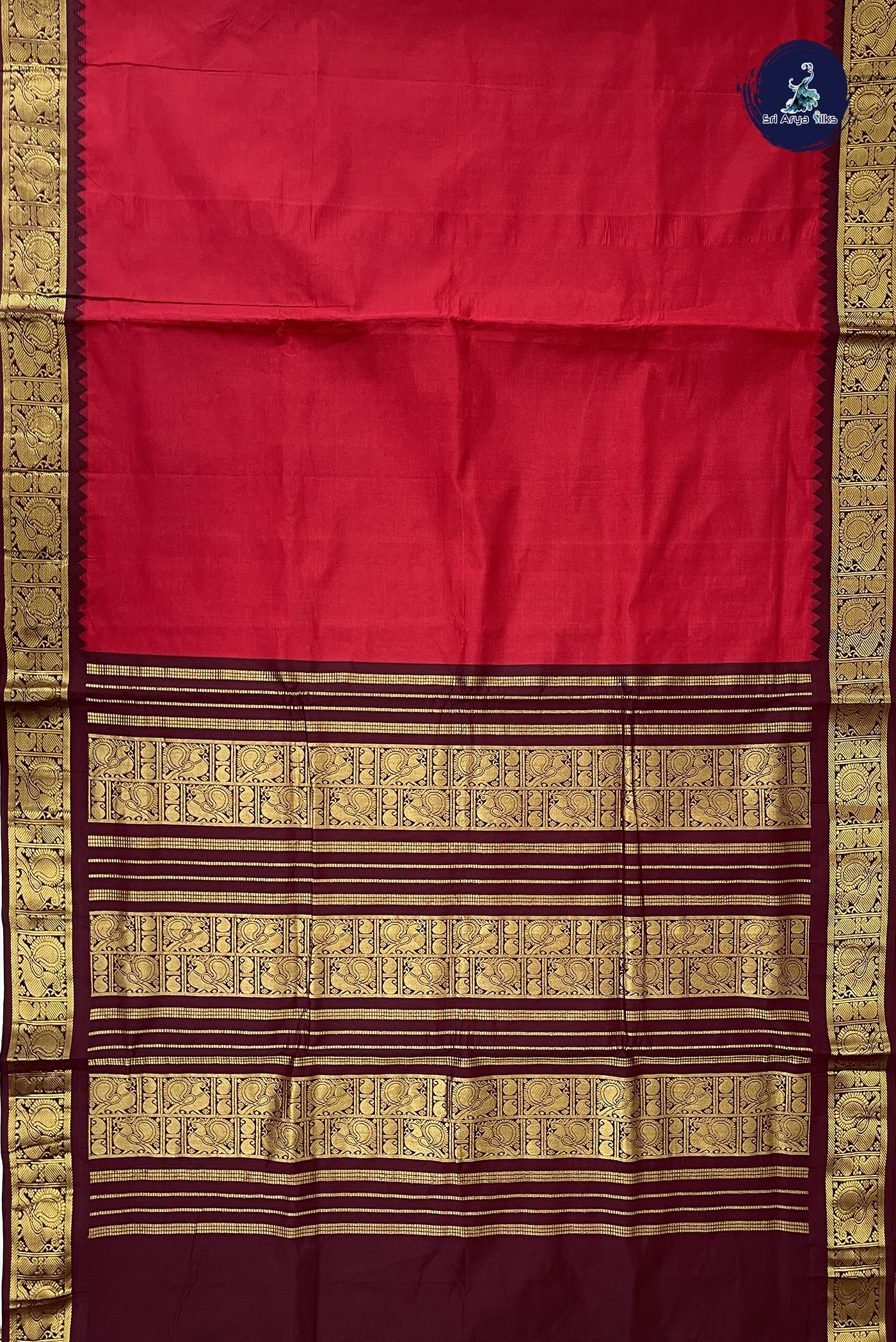 Maroon Madisar Semi Silk Cotton Saree With Plain Pattern