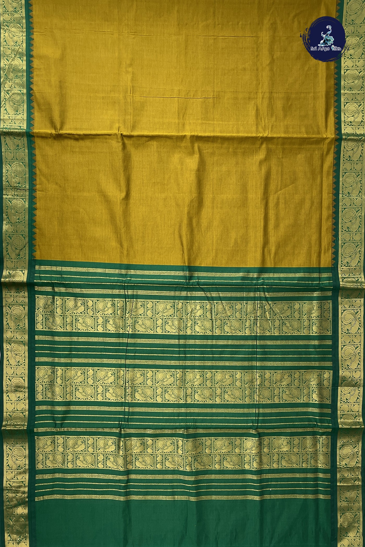 Yellowish Green Madisar Semi Silk Cotton Saree With Plain Pattern