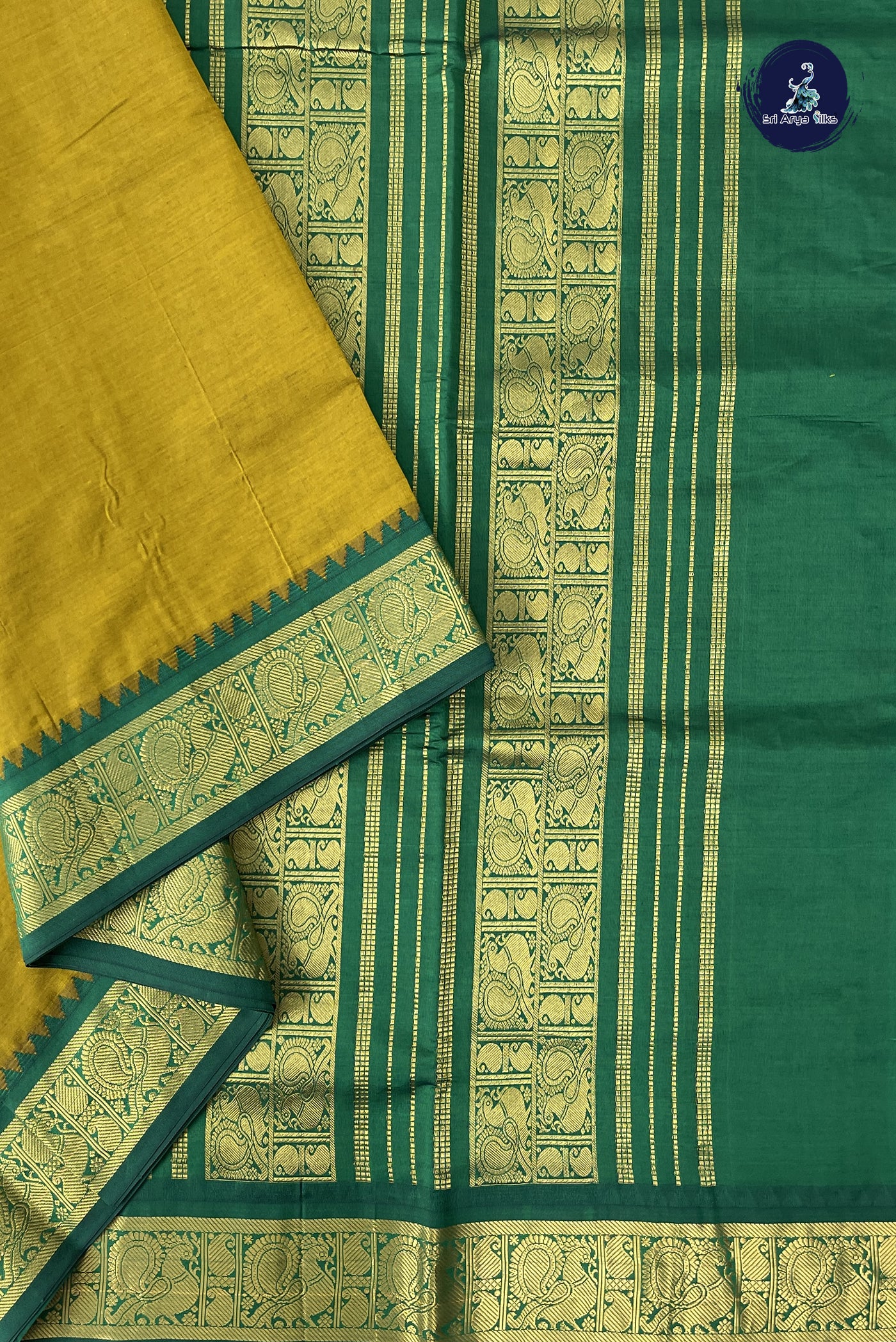 Yellowish Green Madisar Semi Silk Cotton Saree With Plain Pattern