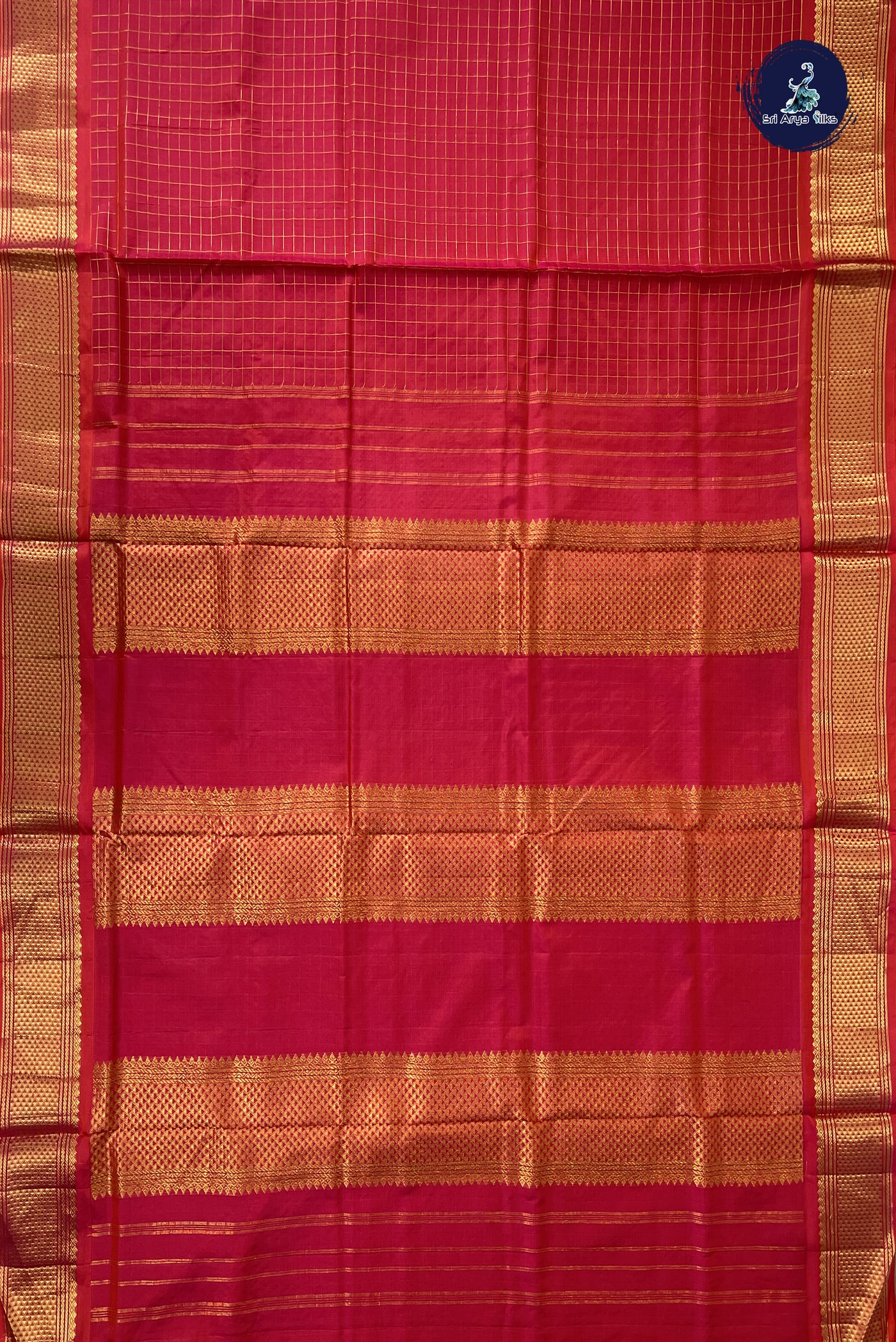 Orangish Pink Madisar 10 Yards Silk Saree With Zari Checked Pattern
