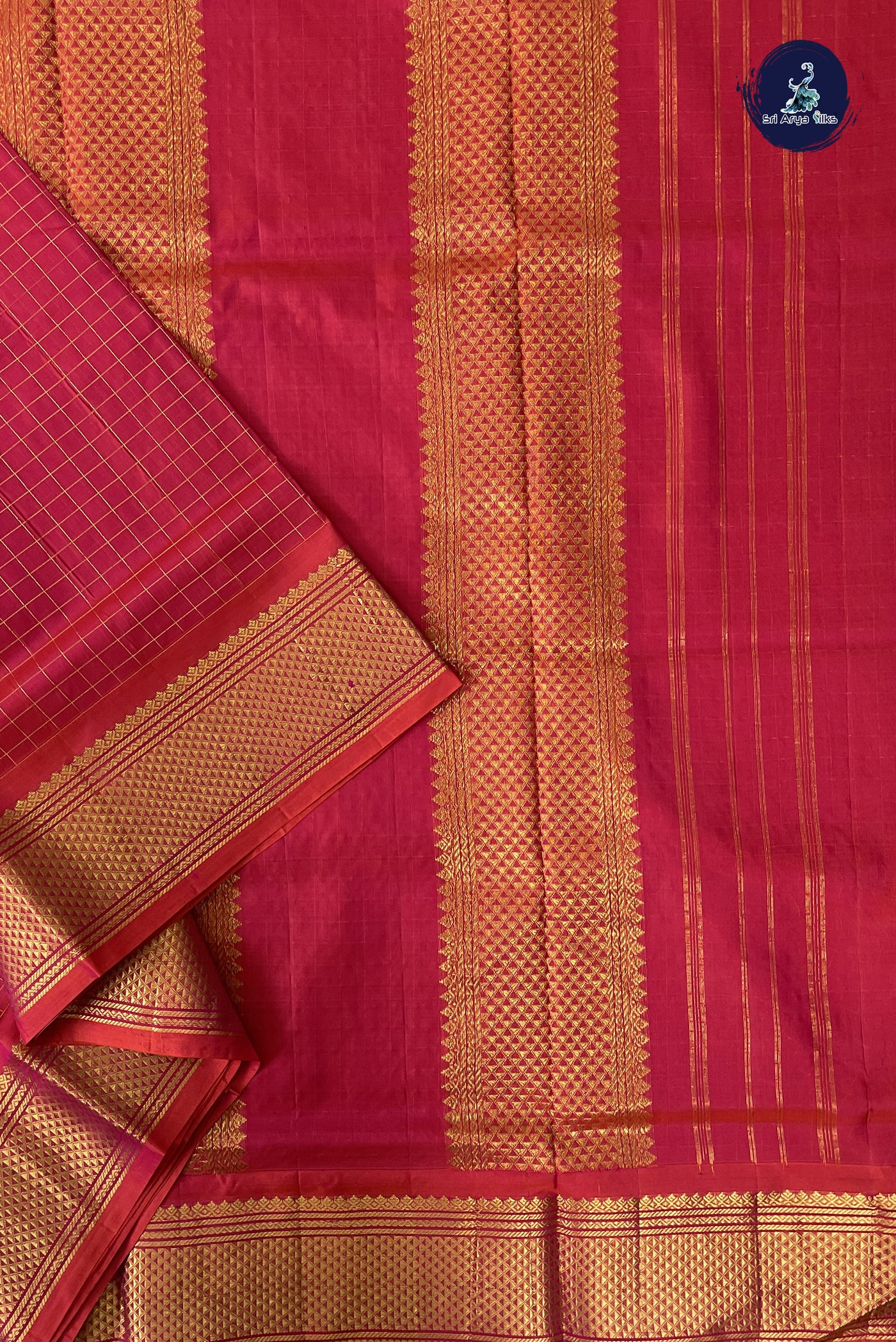 Orangish Pink Madisar 10 Yards Silk Saree With Zari Checked Pattern