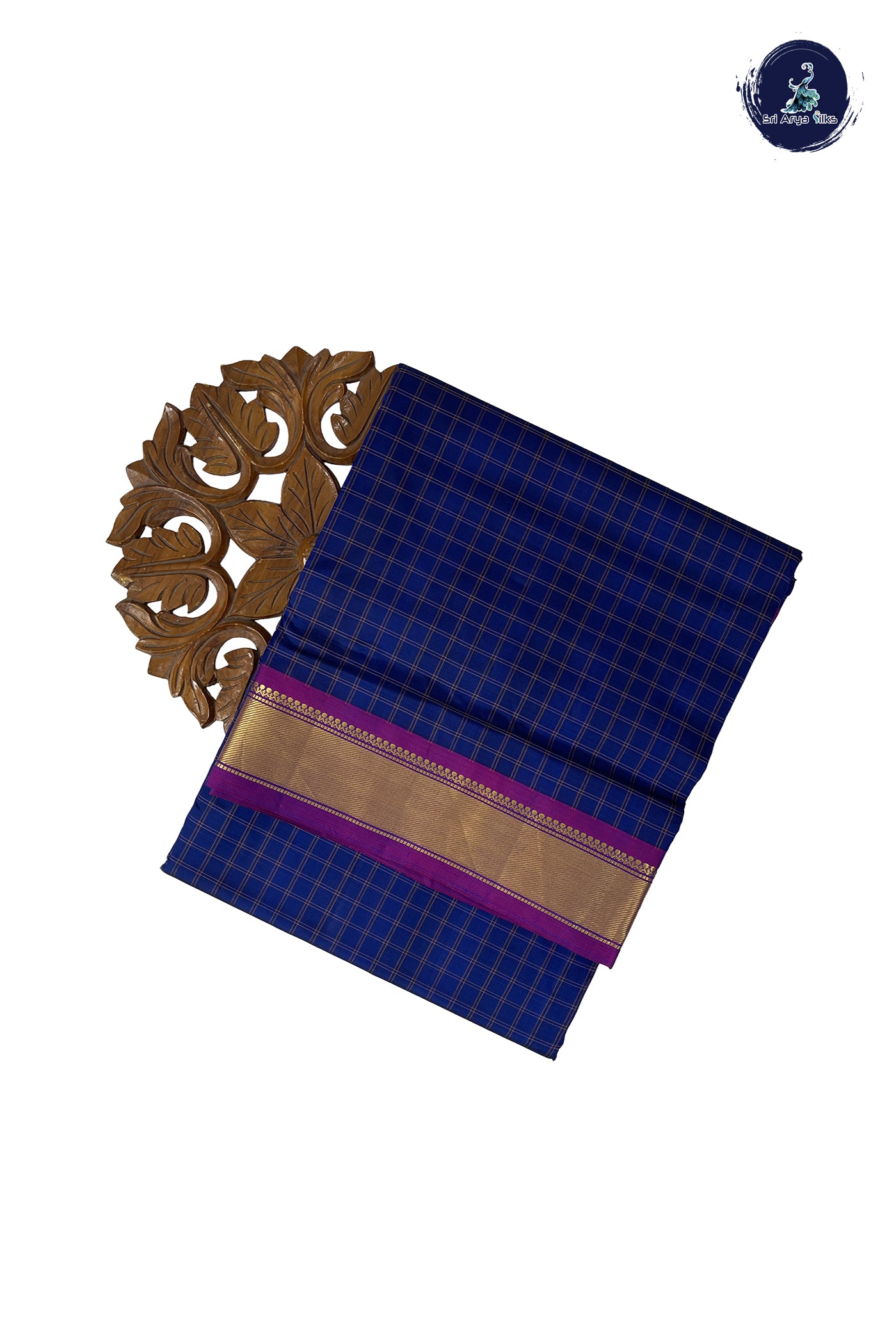 Dark Blue Madisar 10 Yards Silk Saree With Checked Pattern