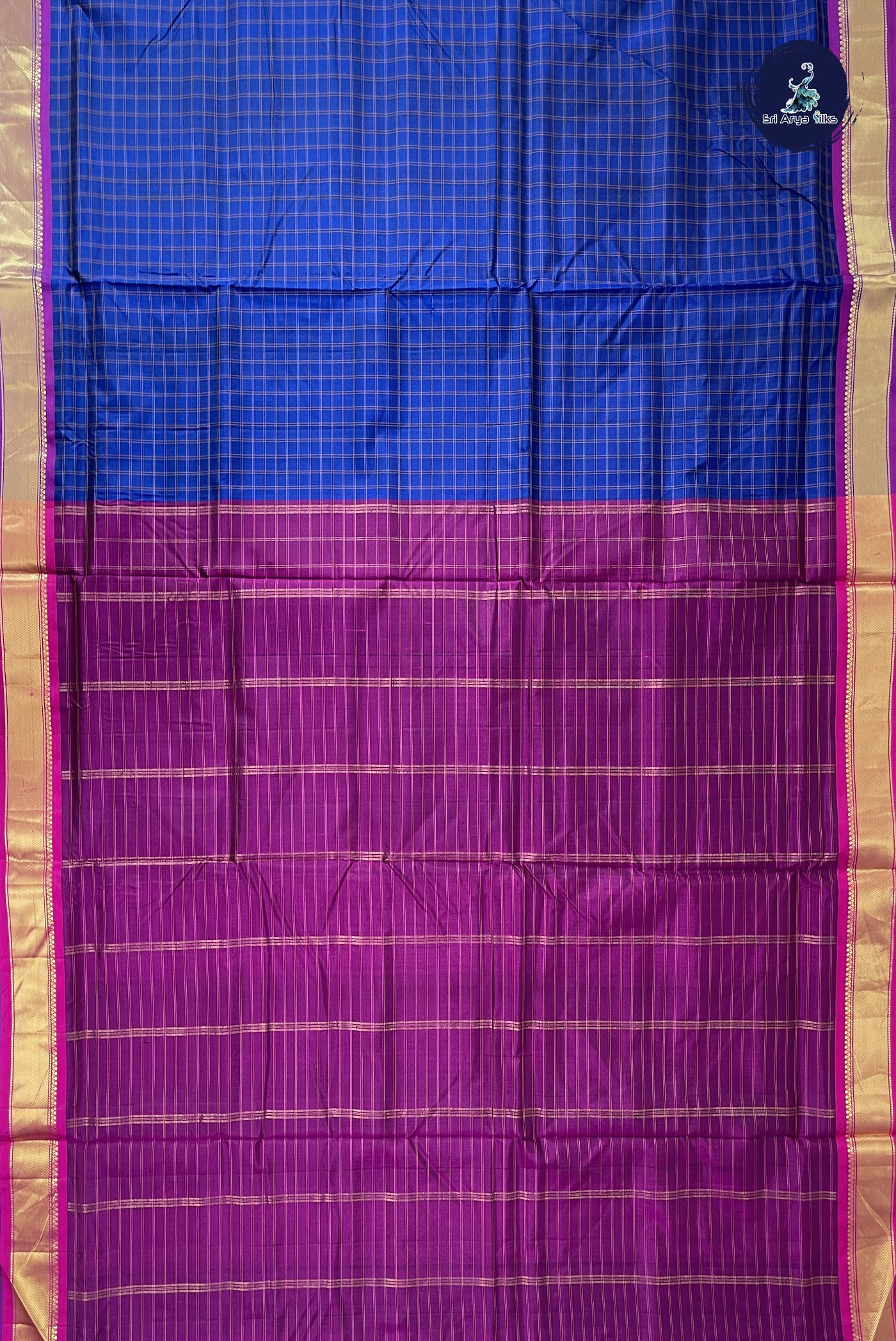 Dark Blue Madisar 10 Yards Silk Saree With Checked Pattern