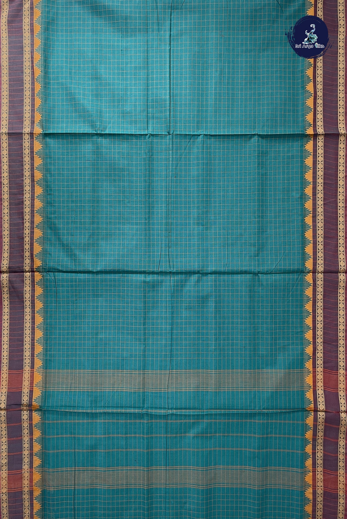 Teal 10 Yards Madisar Cotton Saree With Checked Pattern