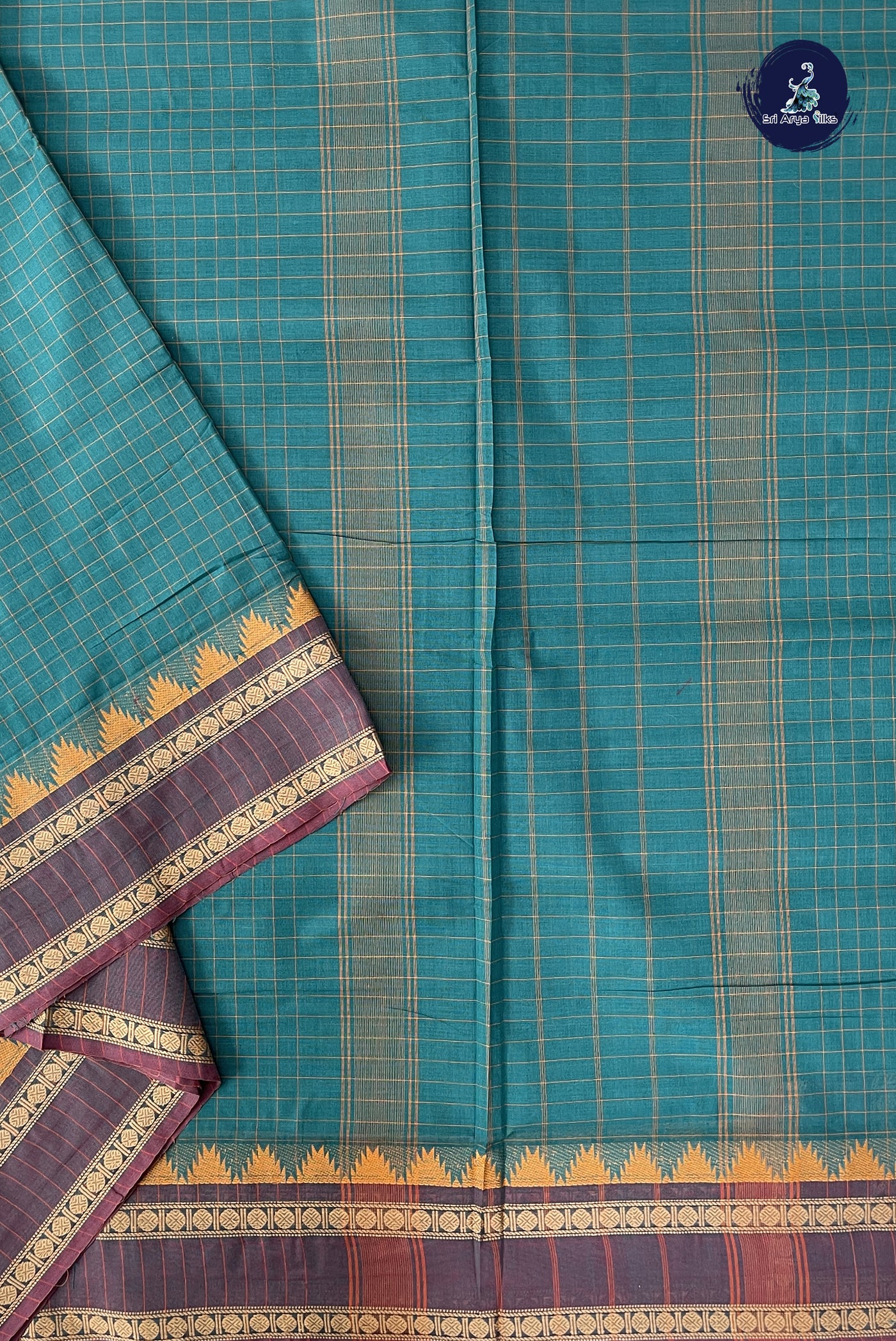 Teal 10 Yards Madisar Cotton Saree With Checked Pattern