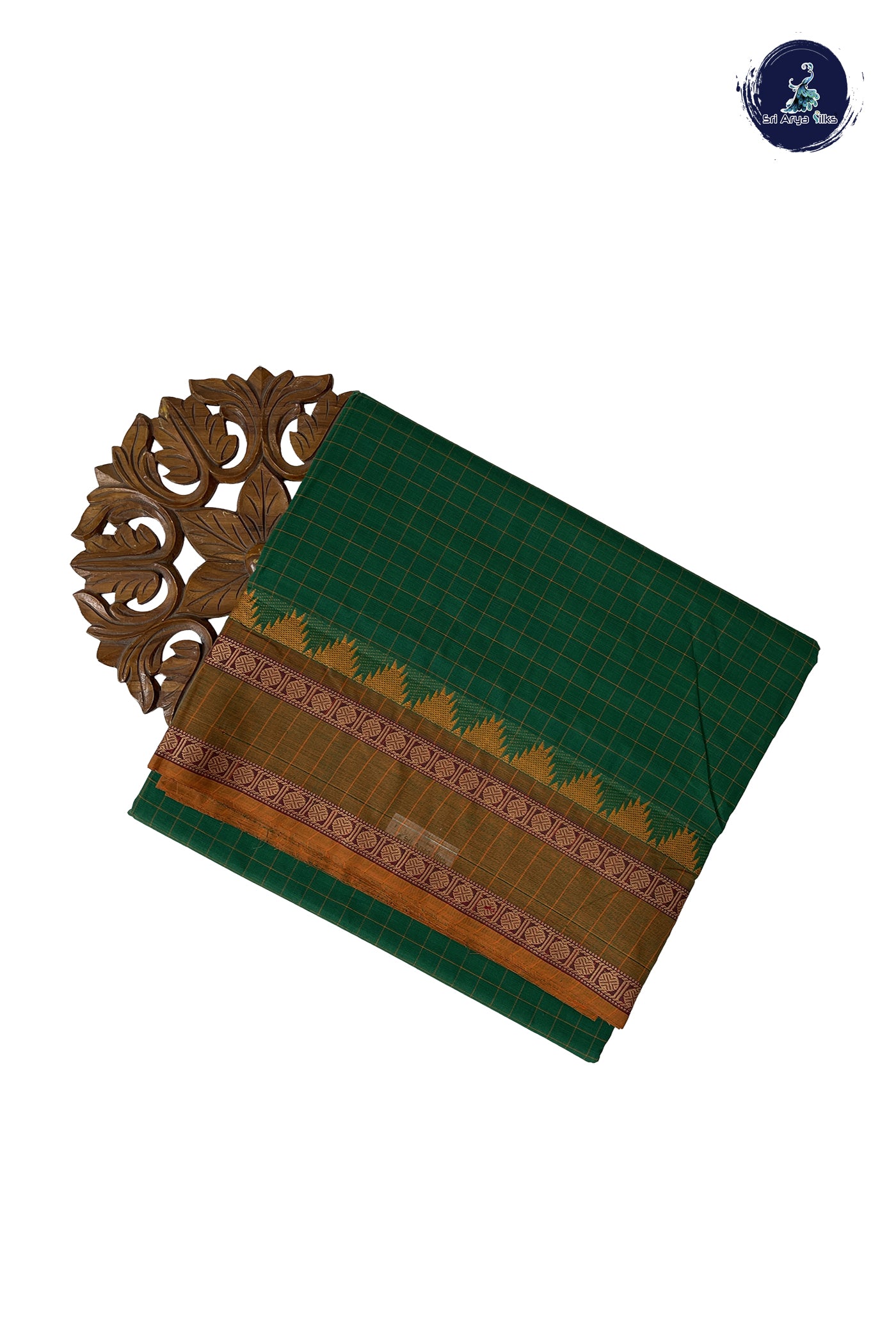 Dark Green 10 Yards Madisar Cotton Saree With Checked Pattern