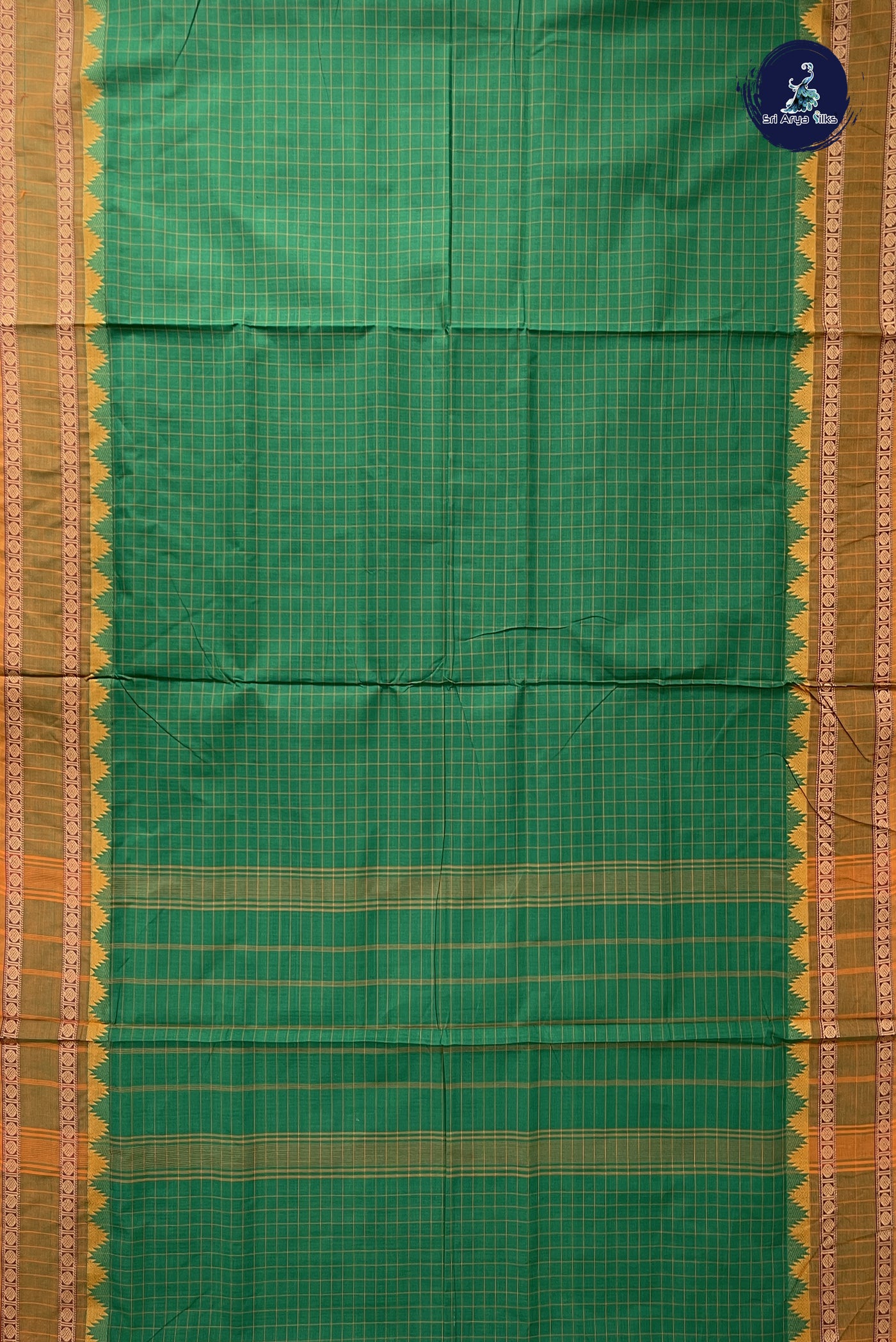 Dark Green 10 Yards Madisar Cotton Saree With Checked Pattern