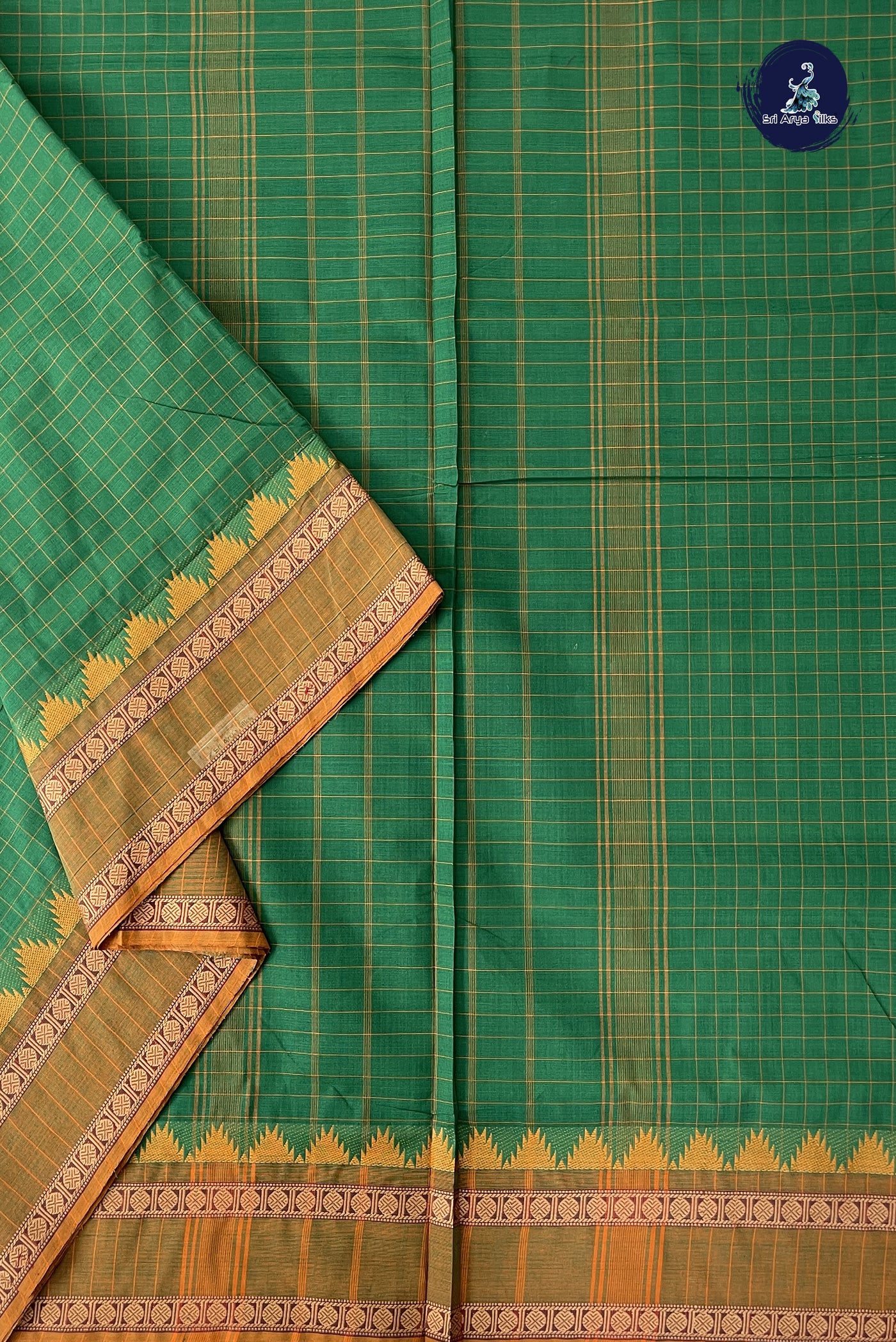 Dark Green 10 Yards Madisar Cotton Saree With Checked Pattern