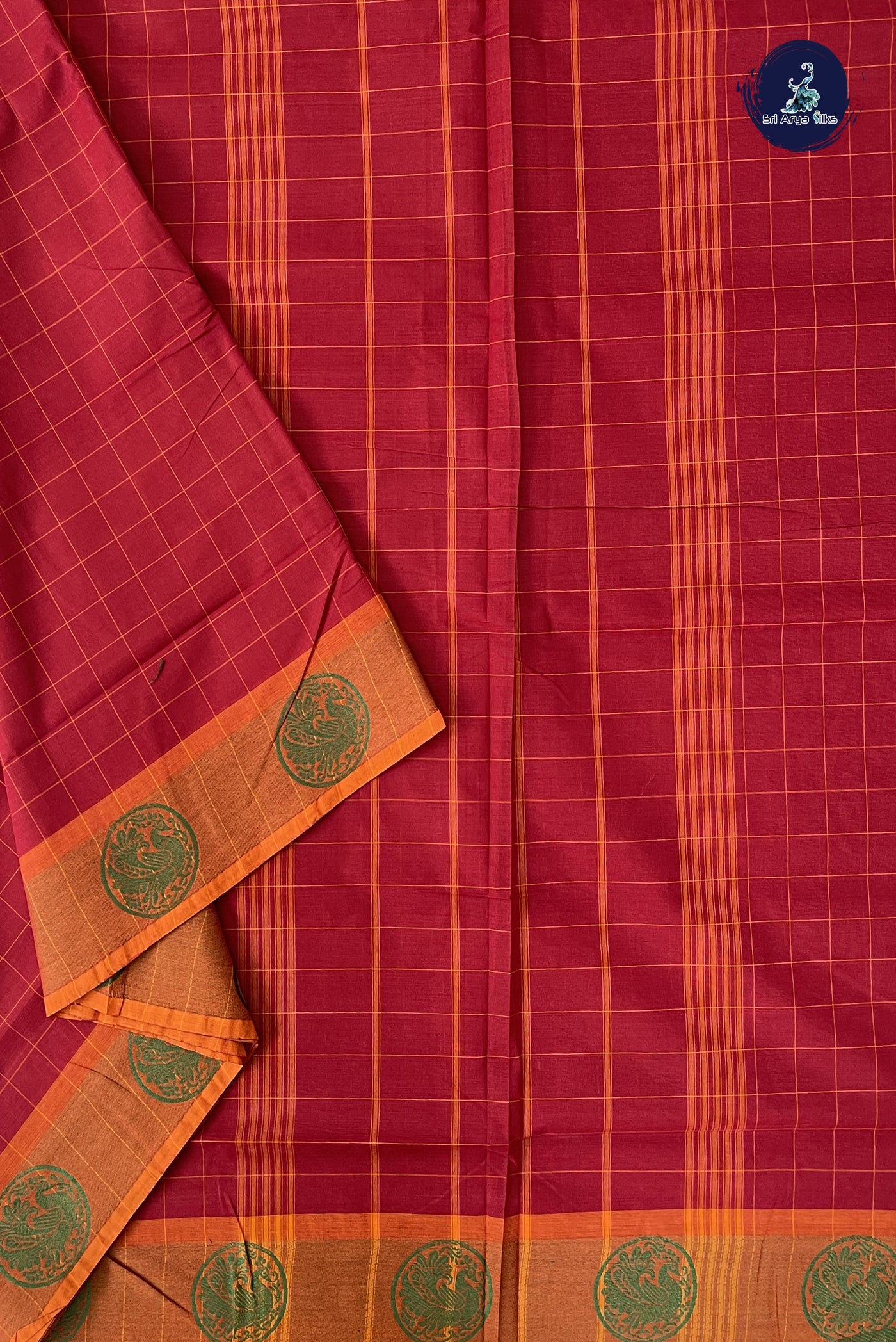 Maroon 10 Yards Madisar Cotton Saree With Checked Pattern