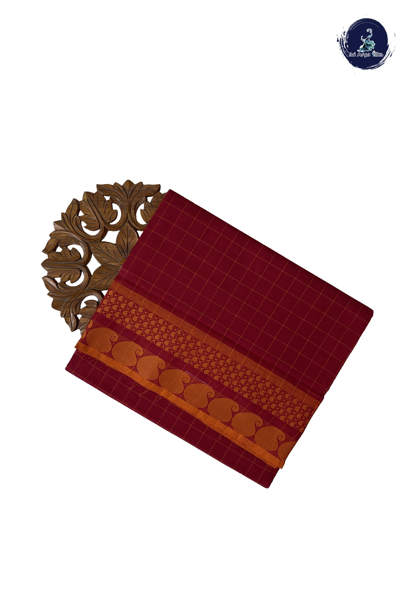 Maroon 10 Yards Madisar Cotton Saree With Checked Pattern