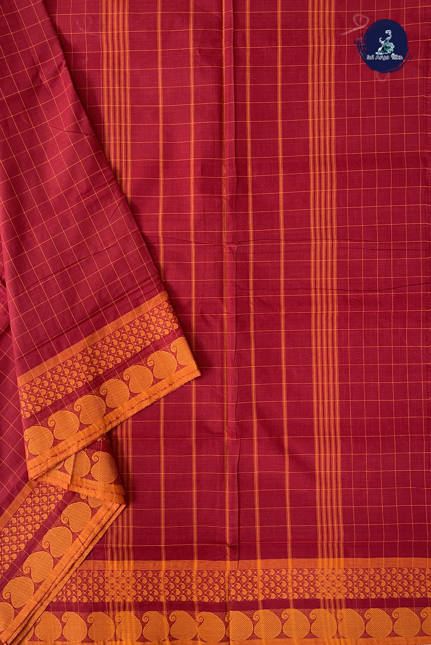 Maroon 10 Yards Madisar Cotton Saree With Checked Pattern
