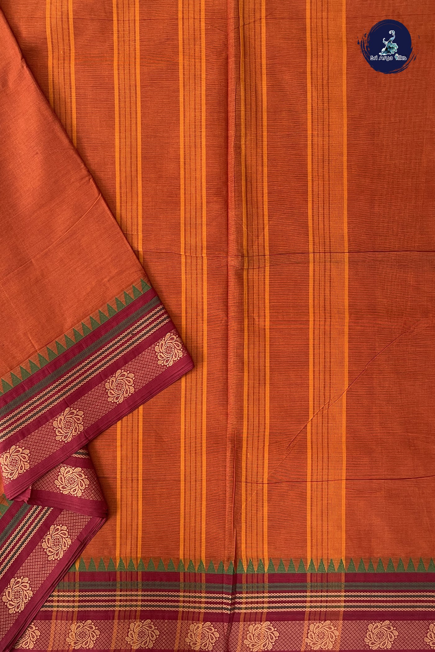 Rust 10 Yards Madisar Cotton Saree With Plain Pattern