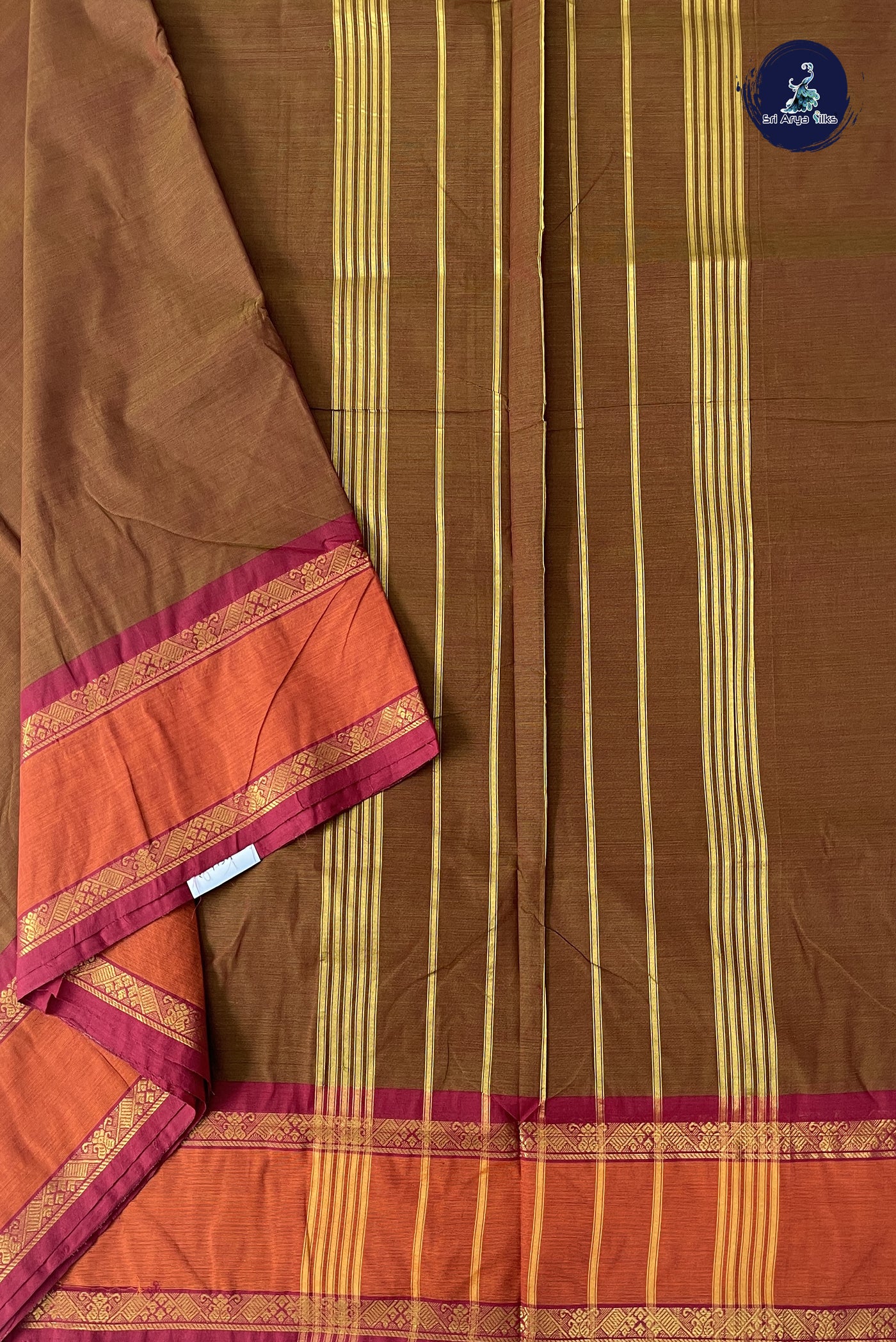 Brown 10 Yards Madisar Cotton Saree With Plain Pattern