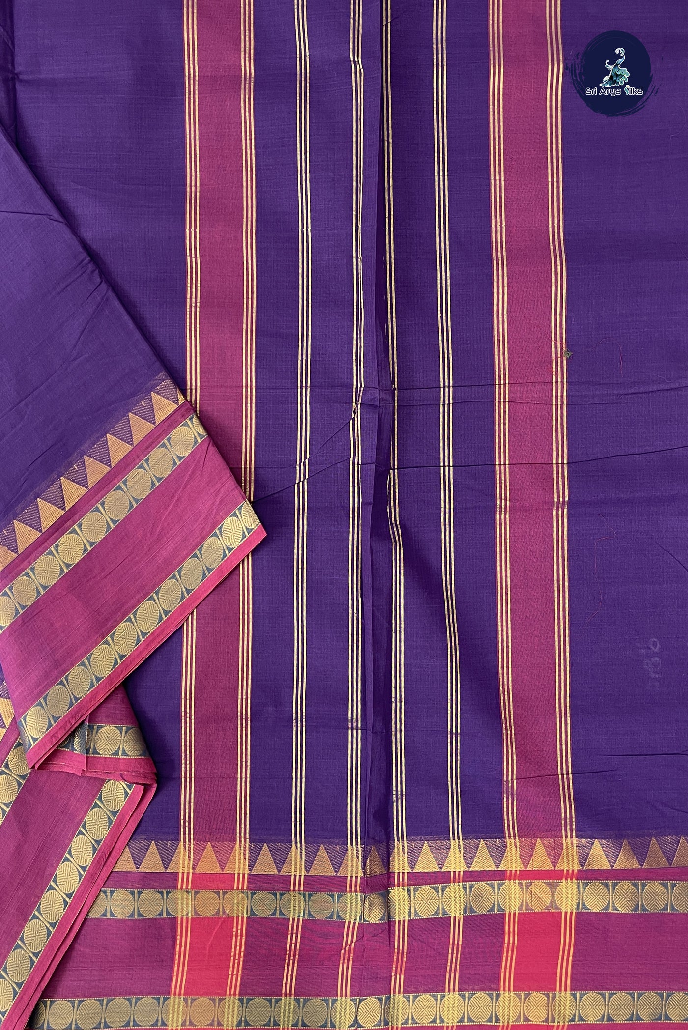 Violet 10 Yards Madisar Cotton Saree With Plain Pattern