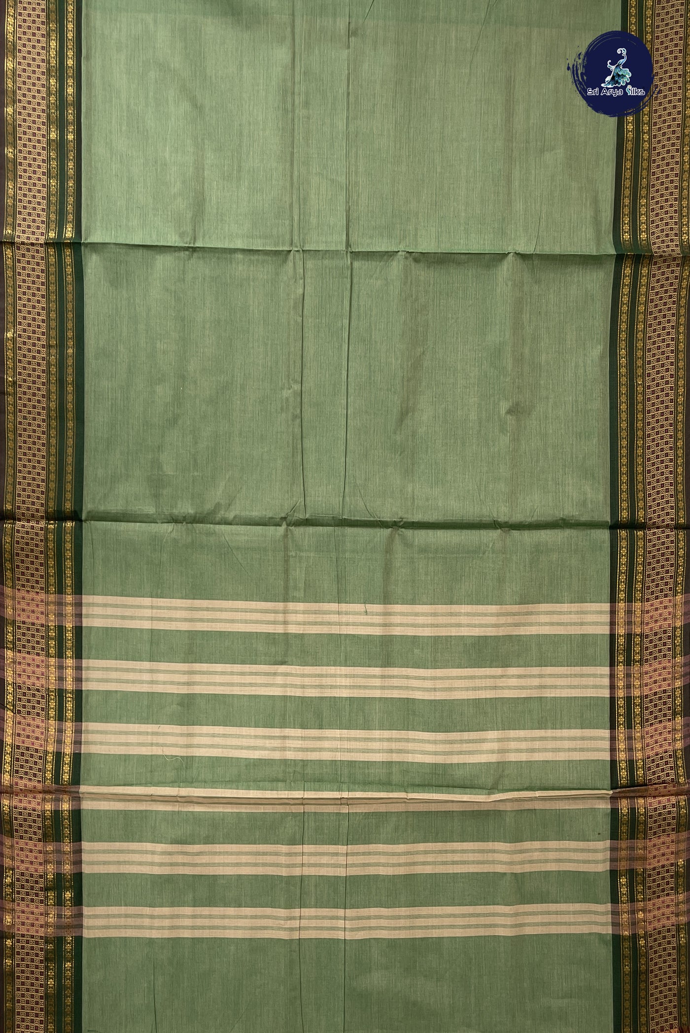 Light Green 10 Yards Madisar Cotton Saree With Plain Pattern