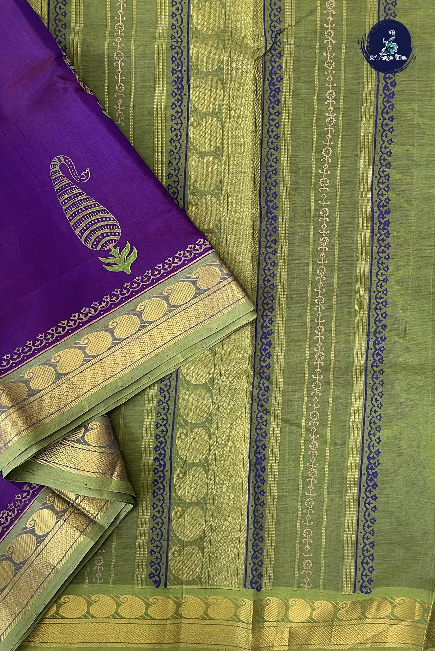 Dark Brinjal 10 Yards Silk Cotton Saree With Printed Pattern