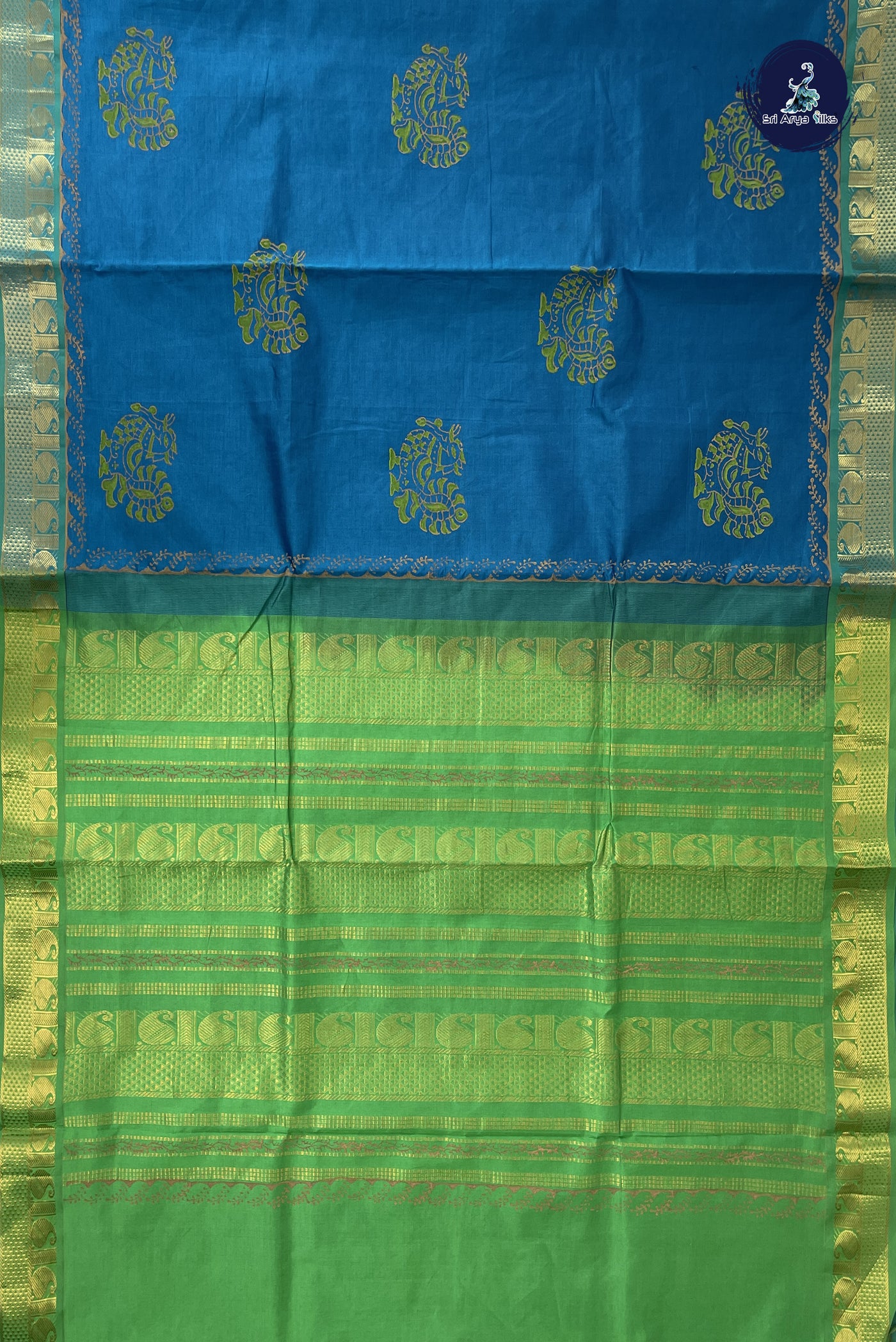 Copper Sulphate Blue 10 Yards Silk Cotton Saree With Printed Pattern