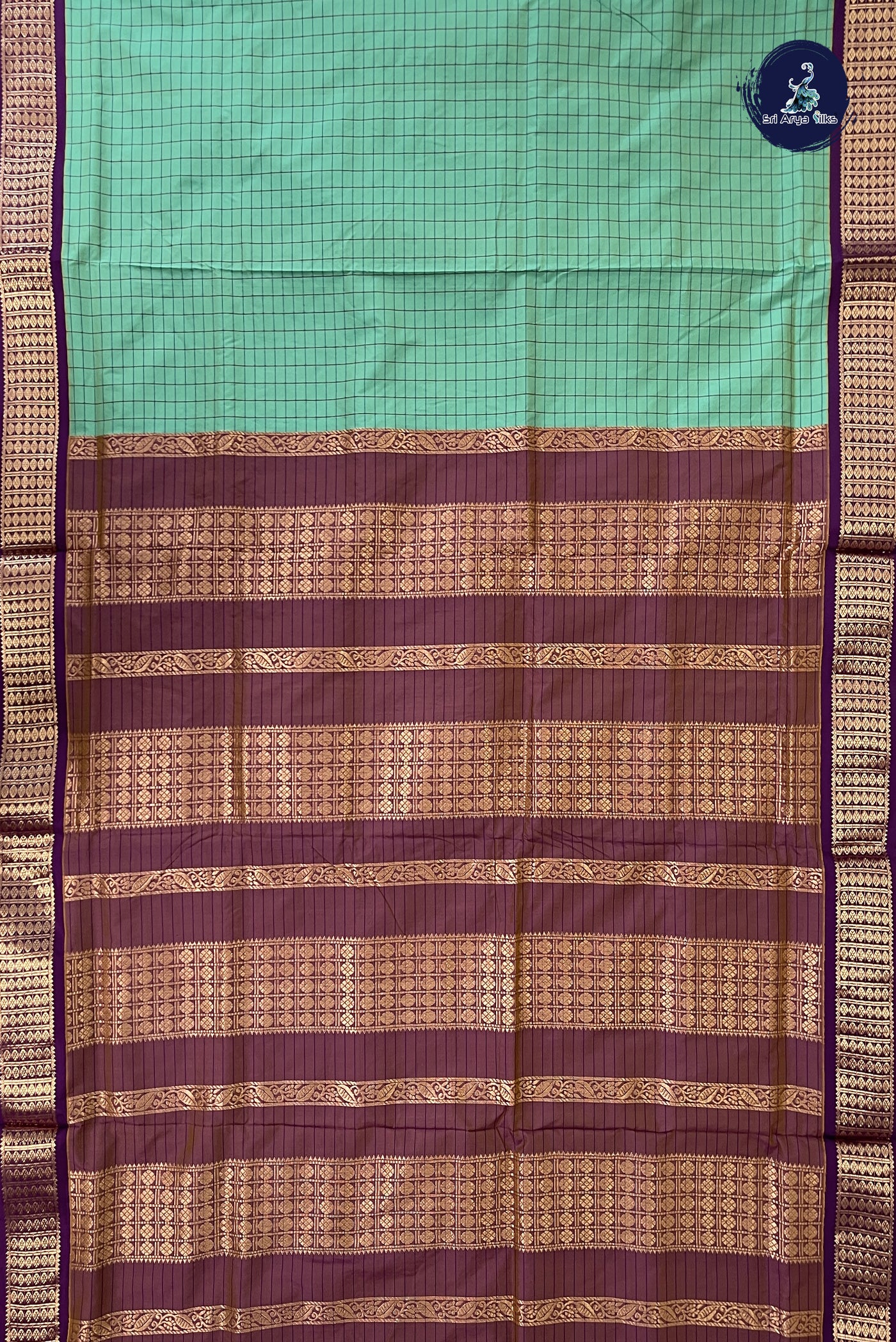 Teal 10 Yards Semi Silk With Checked Pattern