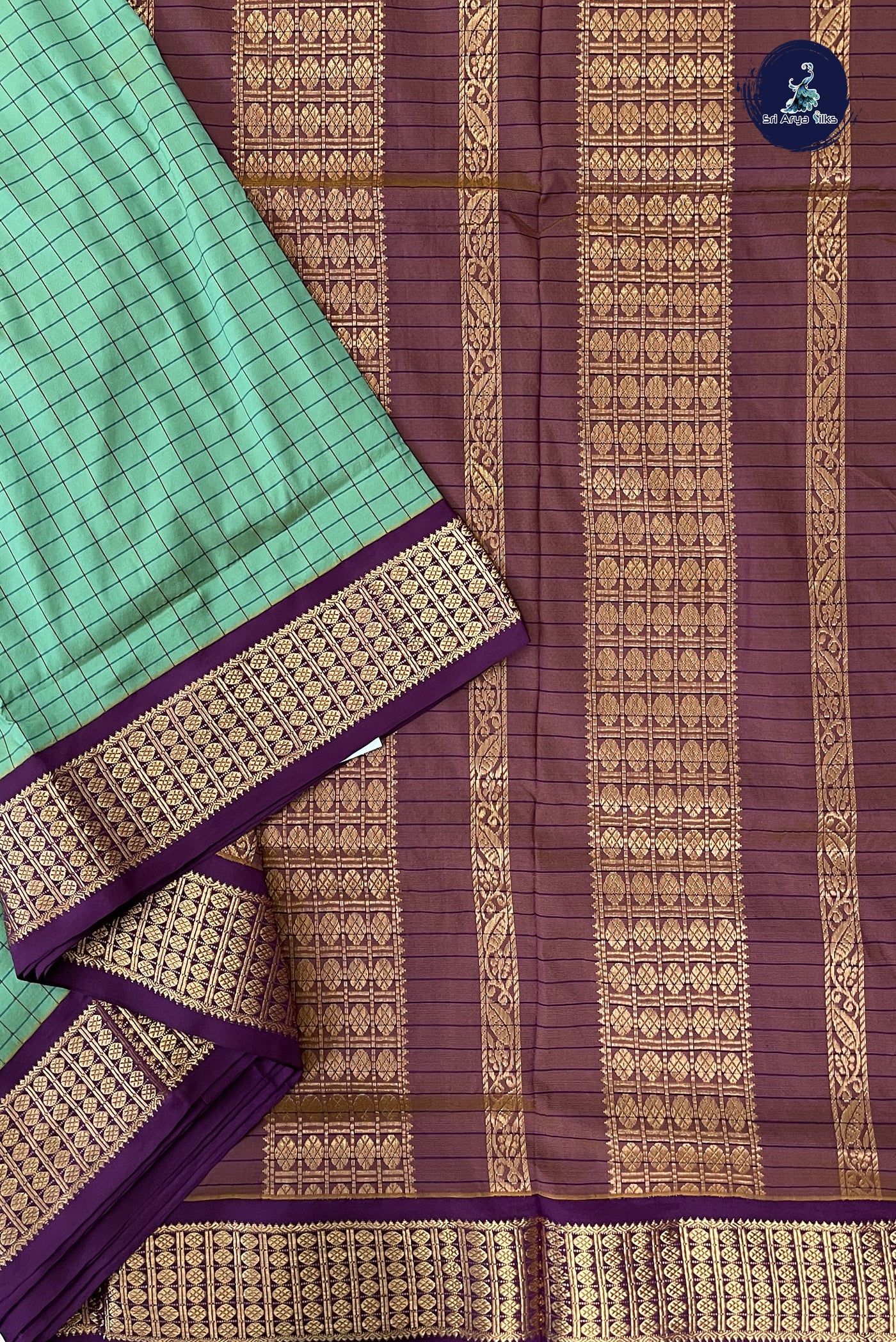 Teal 10 Yards Semi Silk With Checked Pattern