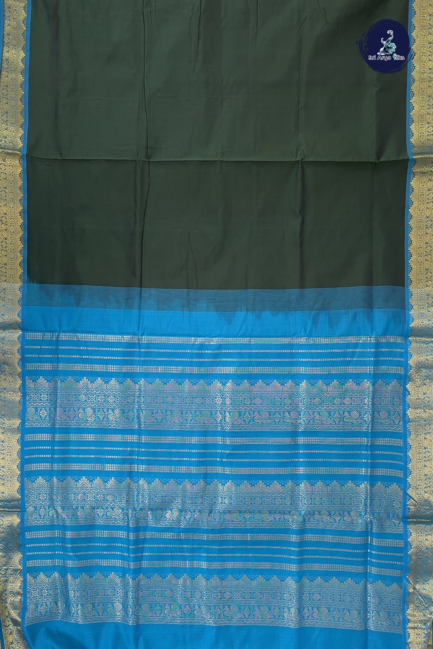 Dark Green Madisar Semi Silk Cotton Saree With Plain Pattern