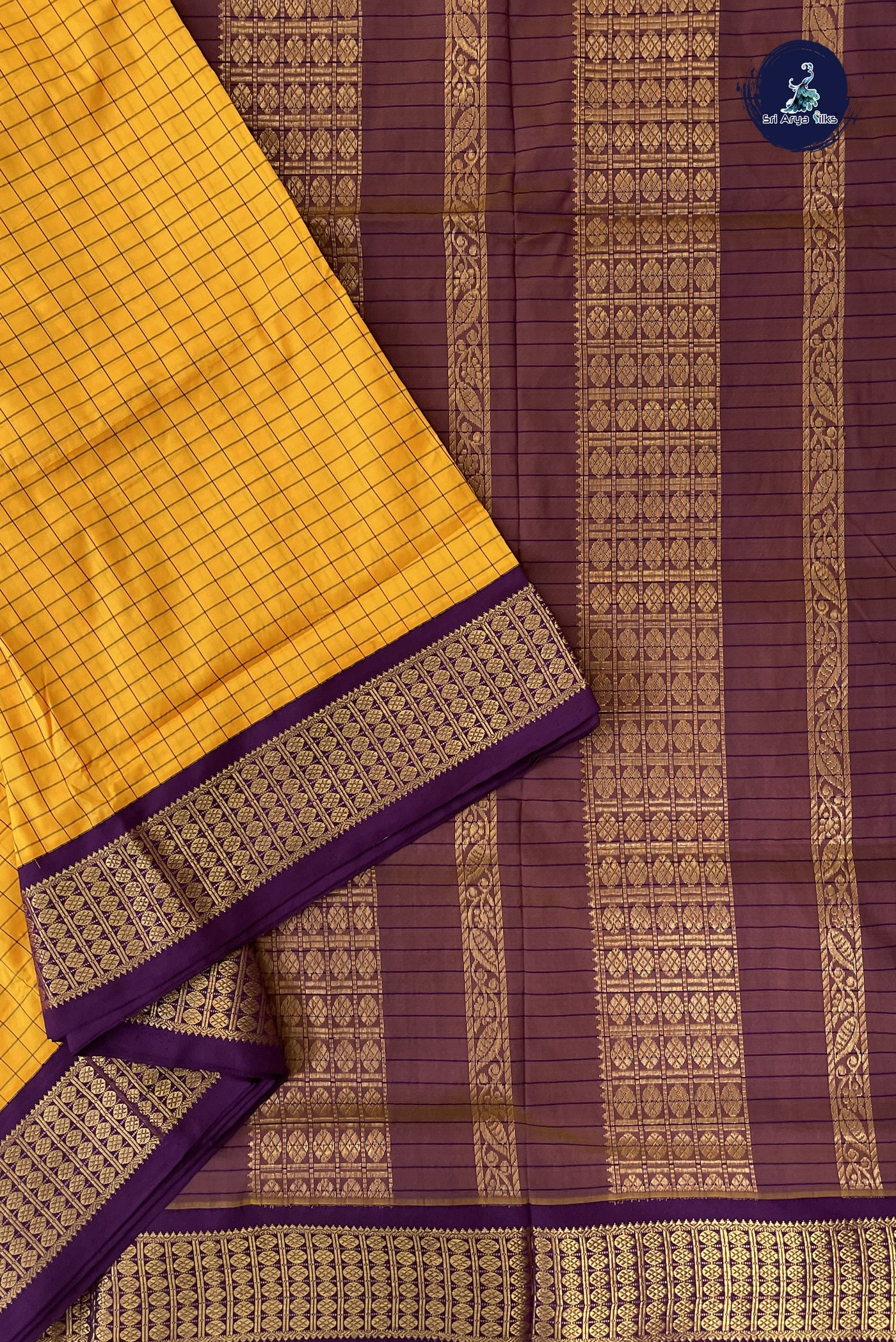 Yellow 10 Yards Semi Silk With Checked Pattern