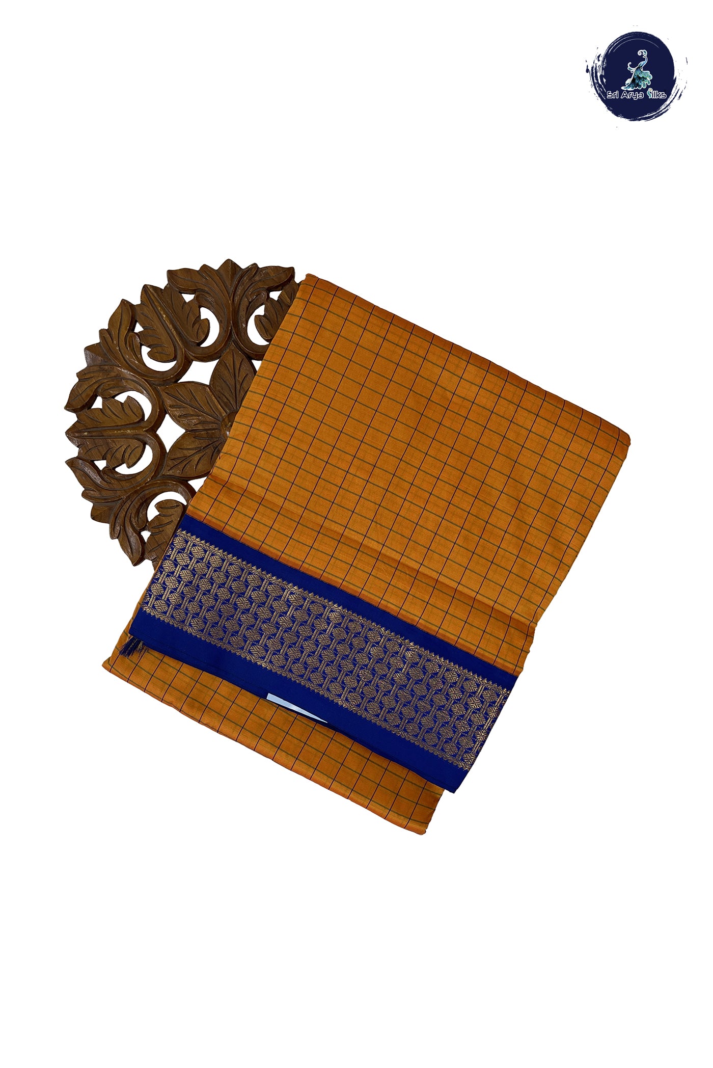 Lite Mustard Orange 10 Yards Semi Silk With Checked Pattern