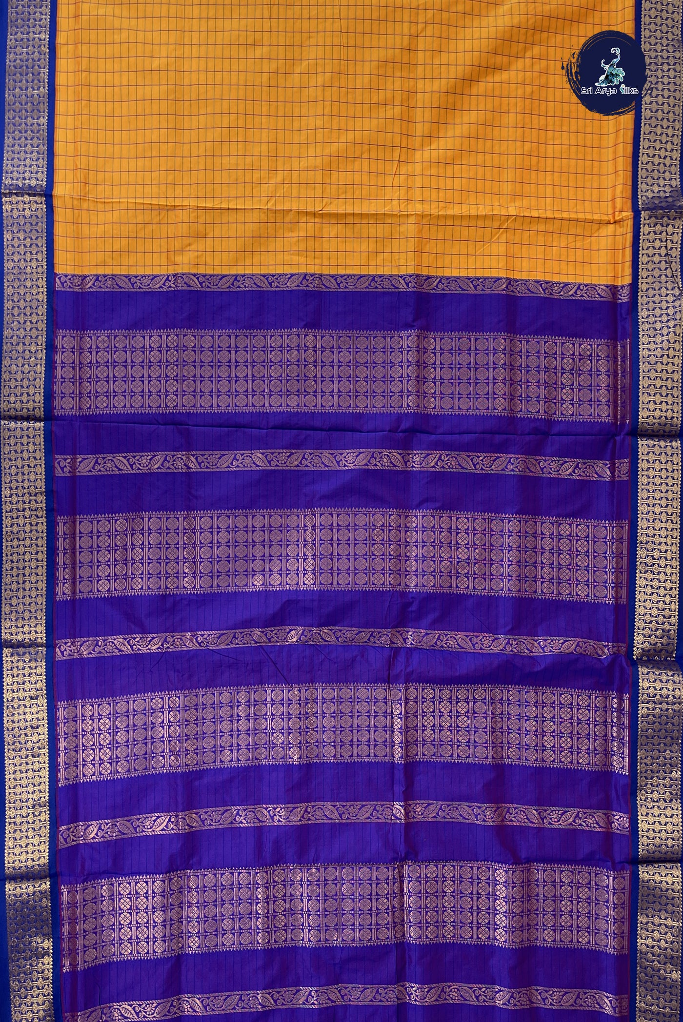 Lite Mustard Orange 10 Yards Semi Silk With Checked Pattern