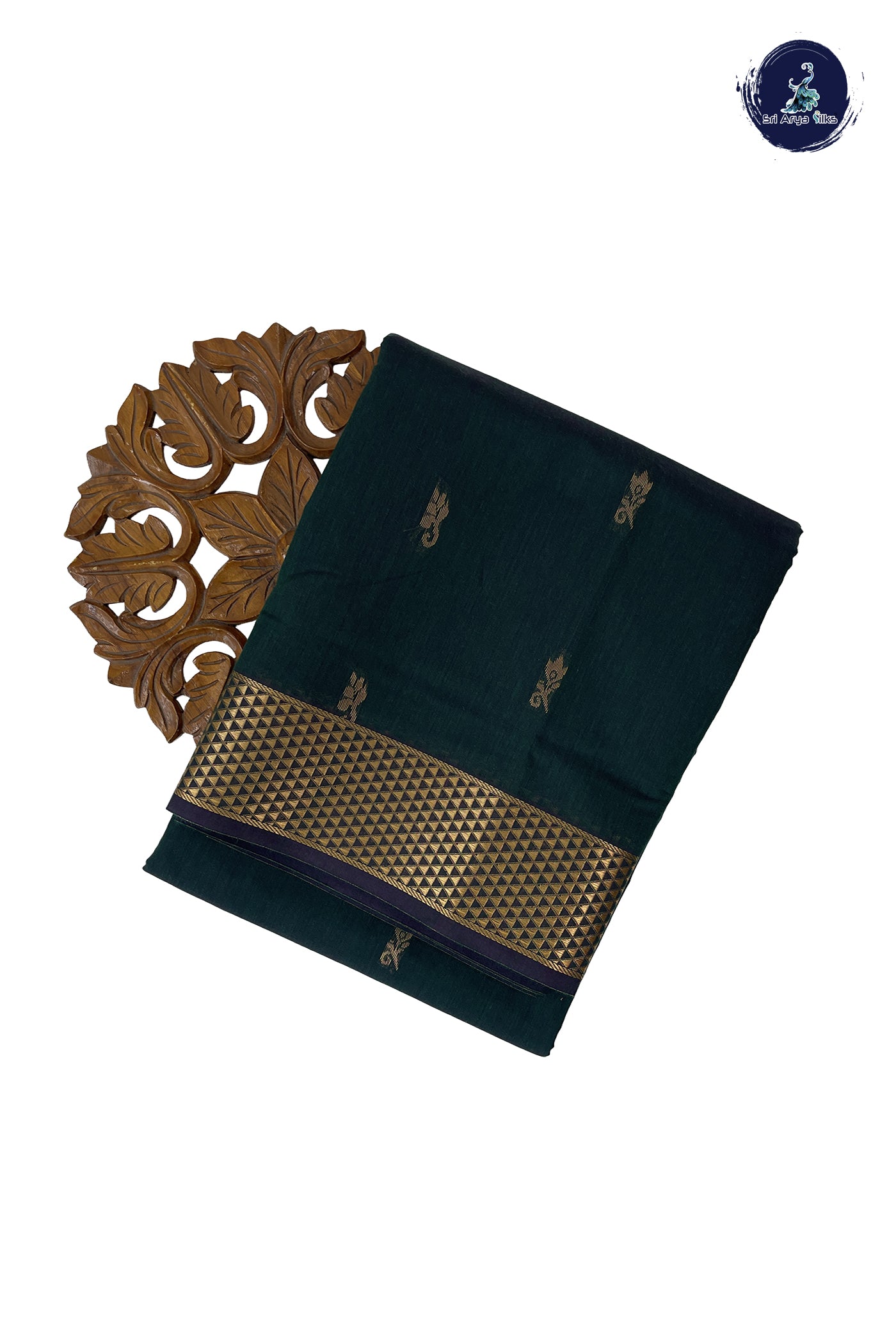 Dark Green Madisar Semi Silk Cotton Saree With Zari Buttas Pattern