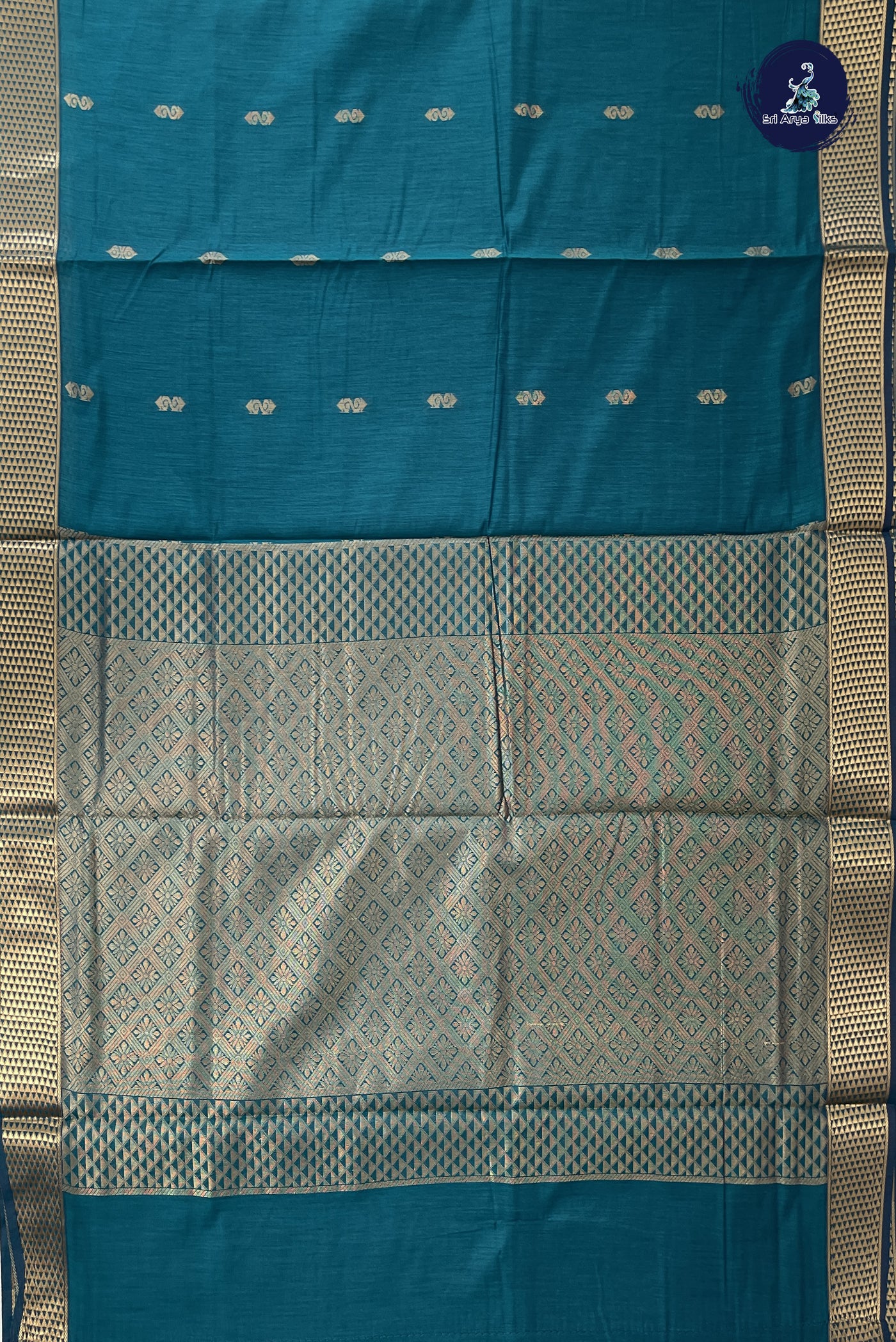 Sapphire Green Madisar Semi Silk Cotton Saree With Zari Buttas Pattern