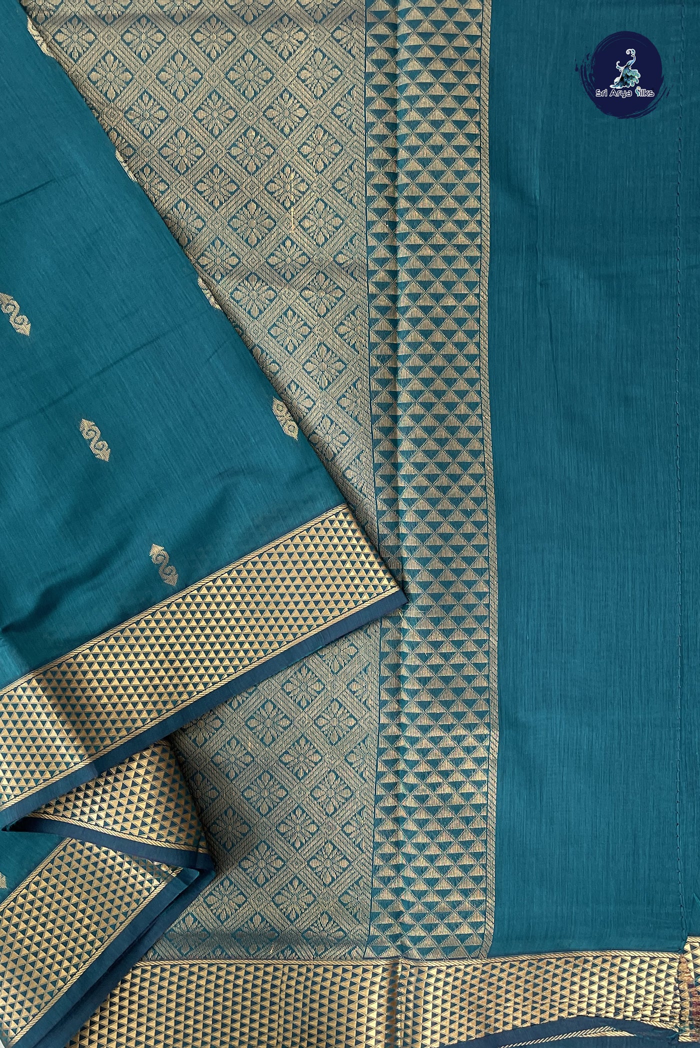 Sapphire Green Madisar Semi Silk Cotton Saree With Zari Buttas Pattern