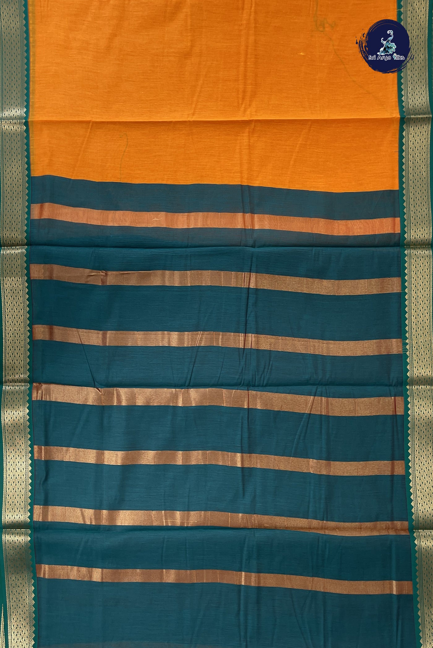 Yellowish Orange Madisar Semi Silk Cotton Saree With Plain Pattern