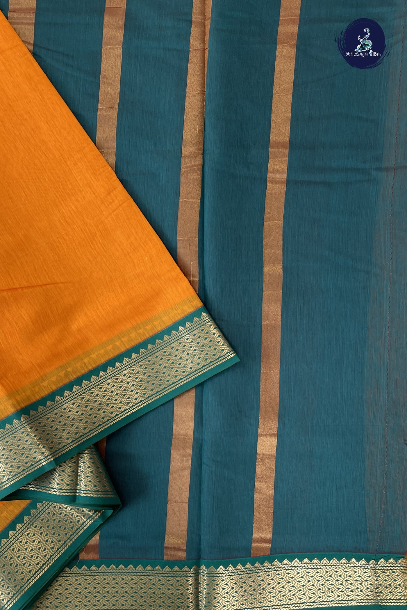 Yellowish Orange Madisar Semi Silk Cotton Saree With Plain Pattern