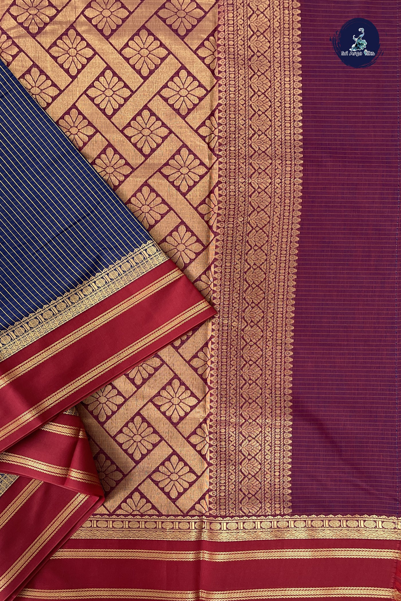 Navy Blue Madisar Semi Silk Cotton Saree With Checked Pattern