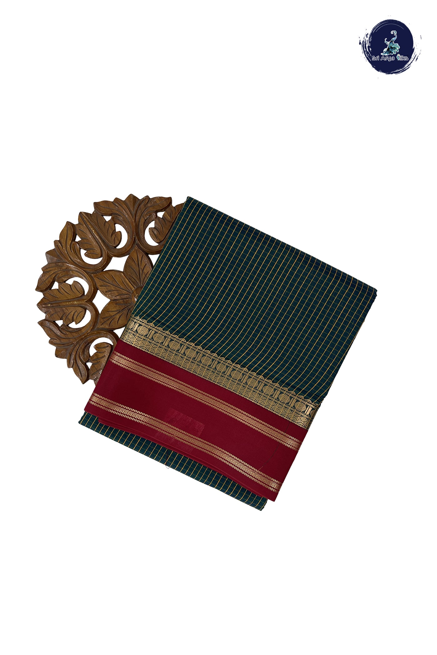 Bottle Green Madisar Semi Silk Cotton Saree With Checked Pattern